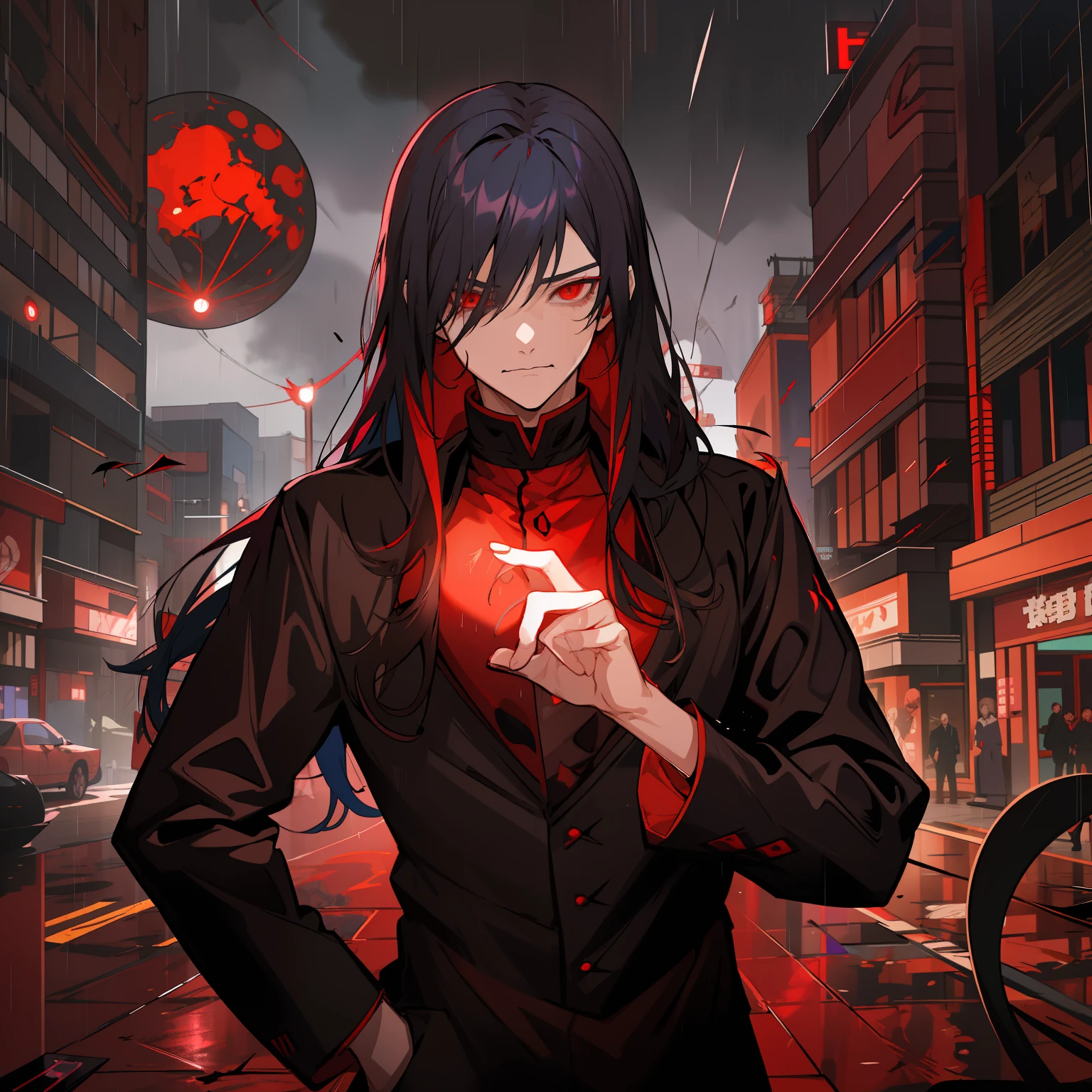 Man with long black hair and red eyes standing in the rain, handsome japanese demon boy, portrait gapmoe yandere grimdark, androgynous vampire, badass anime 8 k, with red glowing eyes, epic anime style, gapmoe yandere grimdark, anime style 4 k, handsome guy in demon slayer art, high quality anime artstyle, anime styled digital art