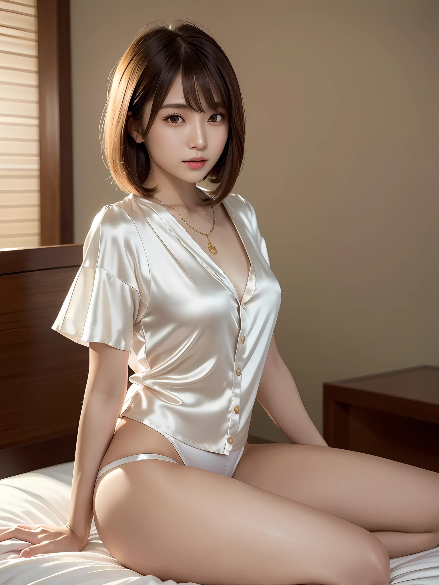 masterpiece, 1 girl per 1 photo, full body shot, front view, a Japanese young pretty girl, long bob, sitting alone on a bed in a hotel, glamorous figure, wearing a short sleeves shiny satin white blouse with collared over the directly nakedness, wearing shiny satin white panties, a necklaces, a big smile, hyper cute face, glossy lips, double eyelids for both eyes, natural makeup, shiny smooth light brown hair of long bob hair, asymmetrical bangs, tanned skin, a silk pillow, silk bed sheets, central image, 8K resolution, high detailing, detailed hairstyle, detailed face, cinematic lighting, octane rendering, vibrant, hyper realisitic, perfect limbs, perfect anatomy