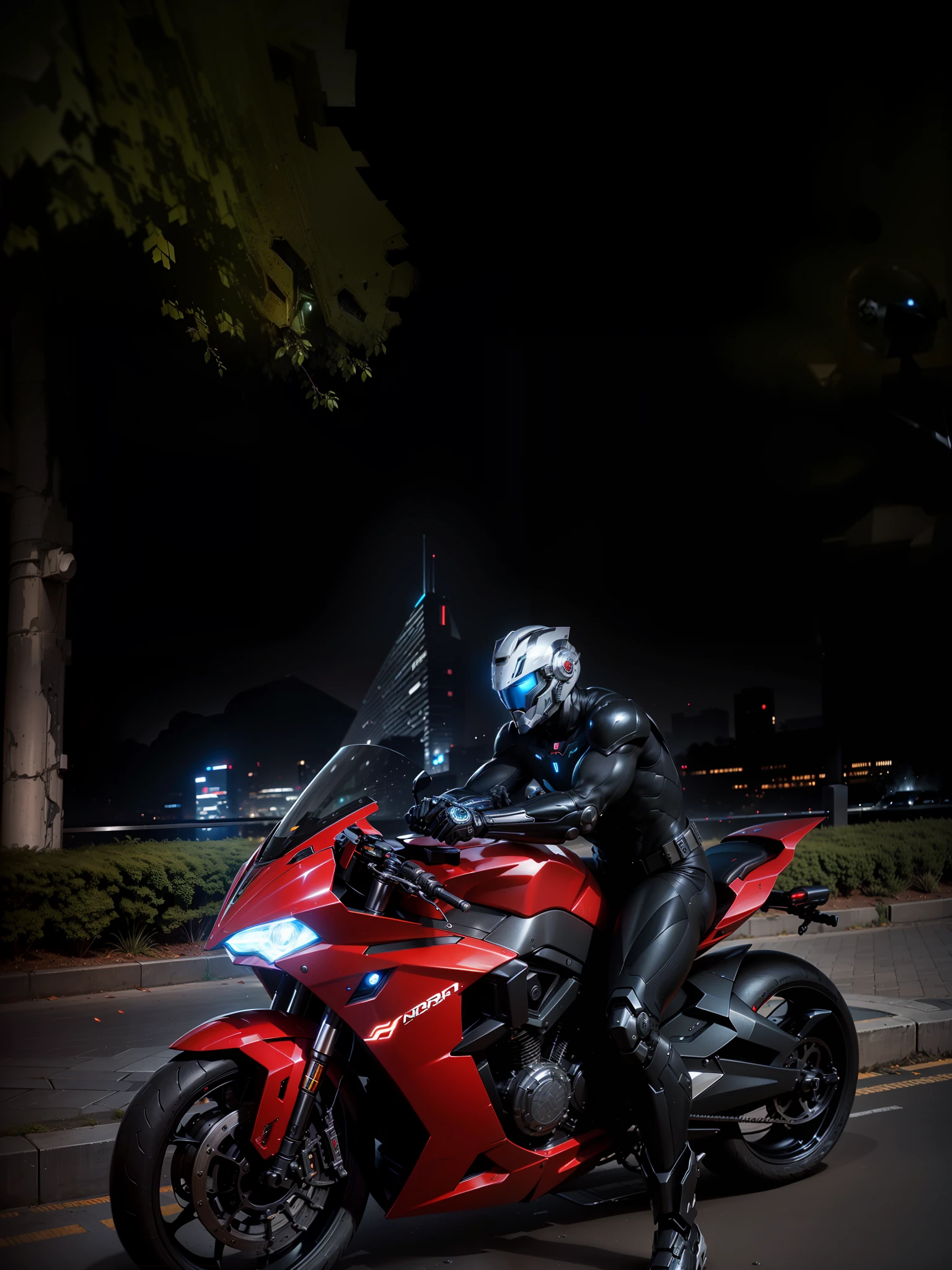 Cyber Man Warrior and Cyber Mechanical Motorcycle, Full Body Exquisite High-Tech Armor, Exquisite Black Tech Helmet, Nousr, Biomechanics, MSHN Robot Man, High-Tech Helmet, Surreal, Steel, Intricate Design, Crazy Details, Fine Details, Extremely Clear Lines, Cinematic Lighting, Photo Realistic, Detailed Masterpiece
