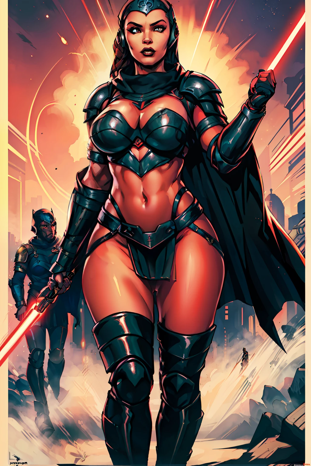 1girl, ((raised fist, propaganda poster, sexy pose)), (tall, lithe body, sexy, busty), masterpiece, best quality, high-definition, armor, busty, ((red skin), twi'lek), dual red lightsabers, sexy evil space knight, space ninja, (wearing black robes, black stealth armor, breastplate, tunic, tabard, cowl, cloak, body glove, straps, buckles, skirts, long sleeves, fantasy, ((armor))), ((busty), slender body, thin, slim sexy body, slim waist, ((huge breasts))), Imperial starship, Star Wars, military parade