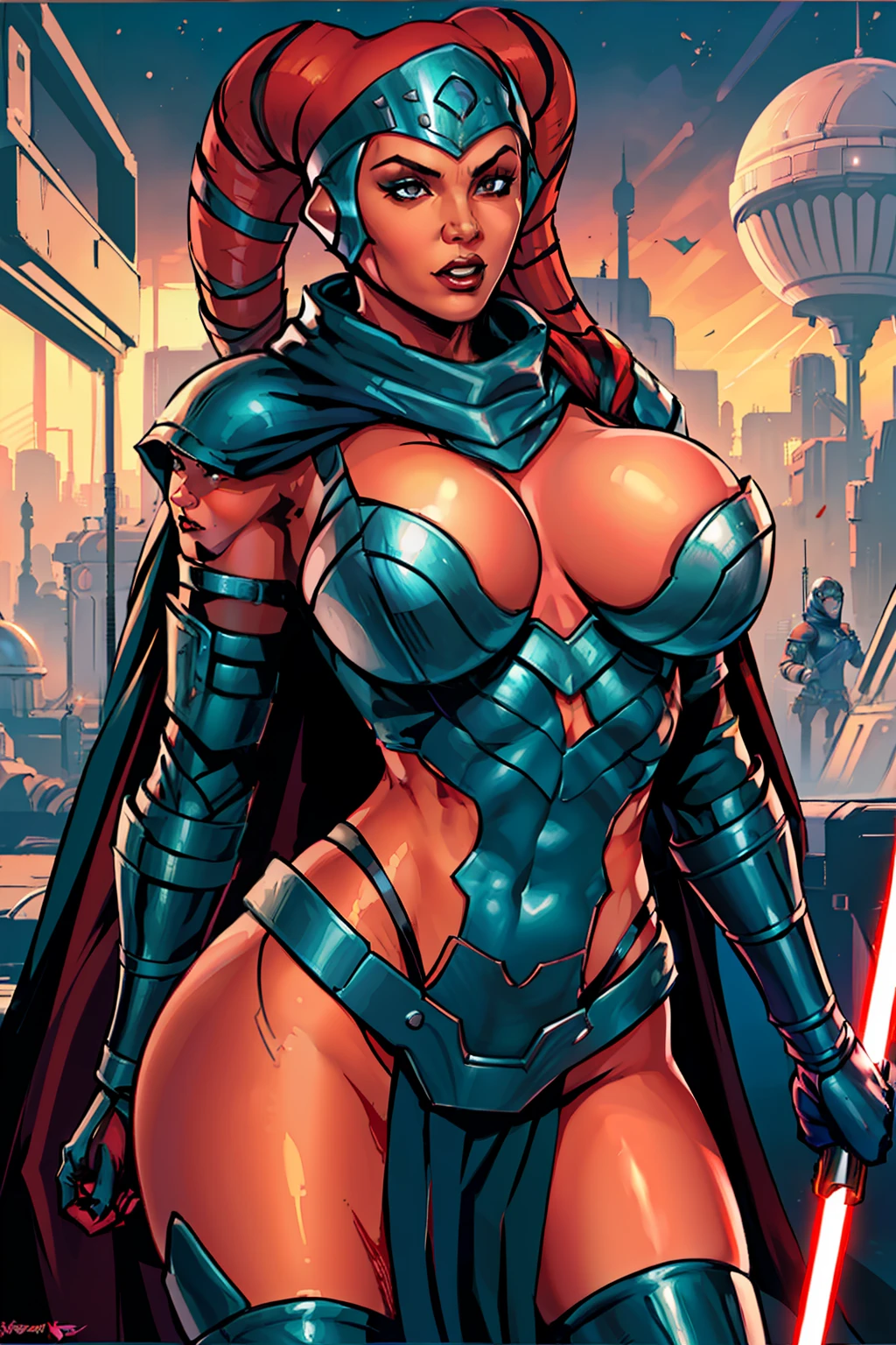 1girl, ((raised fist, propaganda poster, sexy pose)), (tall, lithe body, sexy, busty), masterpiece, best quality, high-definition, armor, busty, ((red skin), twi'lek), dual red lightsabers, sexy evil space knight, space ninja, (wearing black robes, black stealth armor, breastplate, tunic, tabard, cowl, cloak, body glove, straps, buckles, skirts, long sleeves, fantasy, ((armor))), ((busty), slender body, thin, slim sexy body, slim waist, ((huge breasts))), Imperial starship, Star Wars, military parade