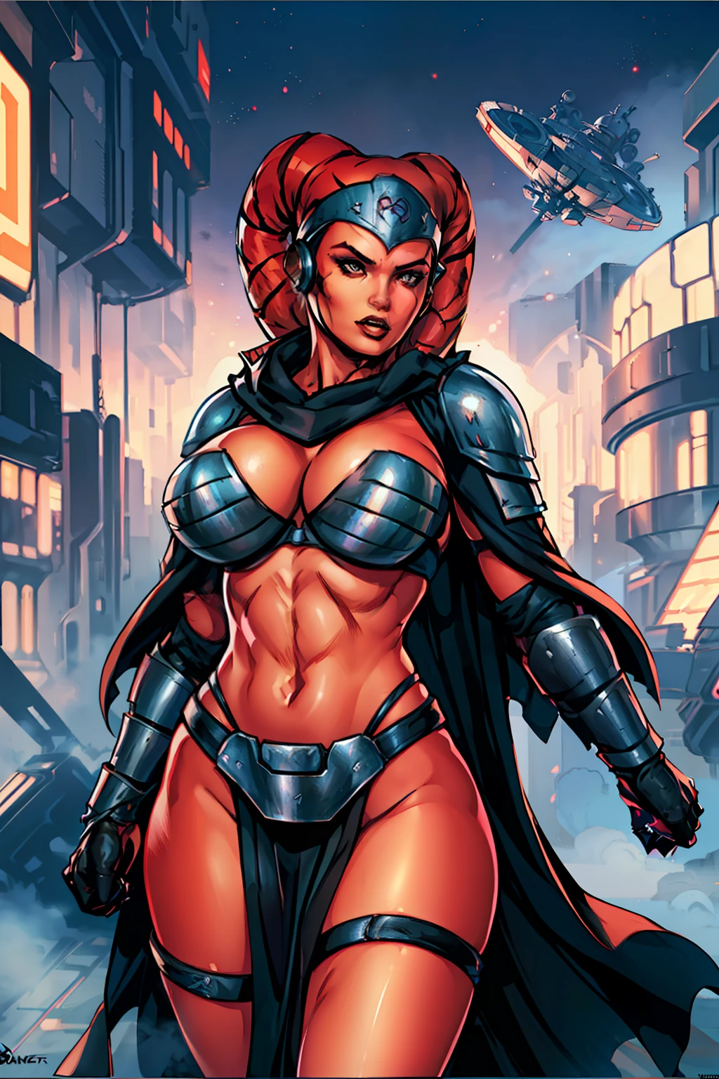 1girl, ((raised fist, propaganda poster, sexy pose)), (tall, lithe body, sexy, busty), masterpiece, best quality, high-definition, armor, busty, ((red skin), twi'lek), dual red lightsabers, sexy evil space knight, space ninja, (wearing black robes, black stealth armor, breastplate, tunic, tabard, cowl, cloak, body glove, straps, buckles, skirts, long sleeves, fantasy, ((armor))), ((busty), slender body, thin, slim sexy body, slim waist, ((huge breasts))), Imperial starship, Star Wars, military parade