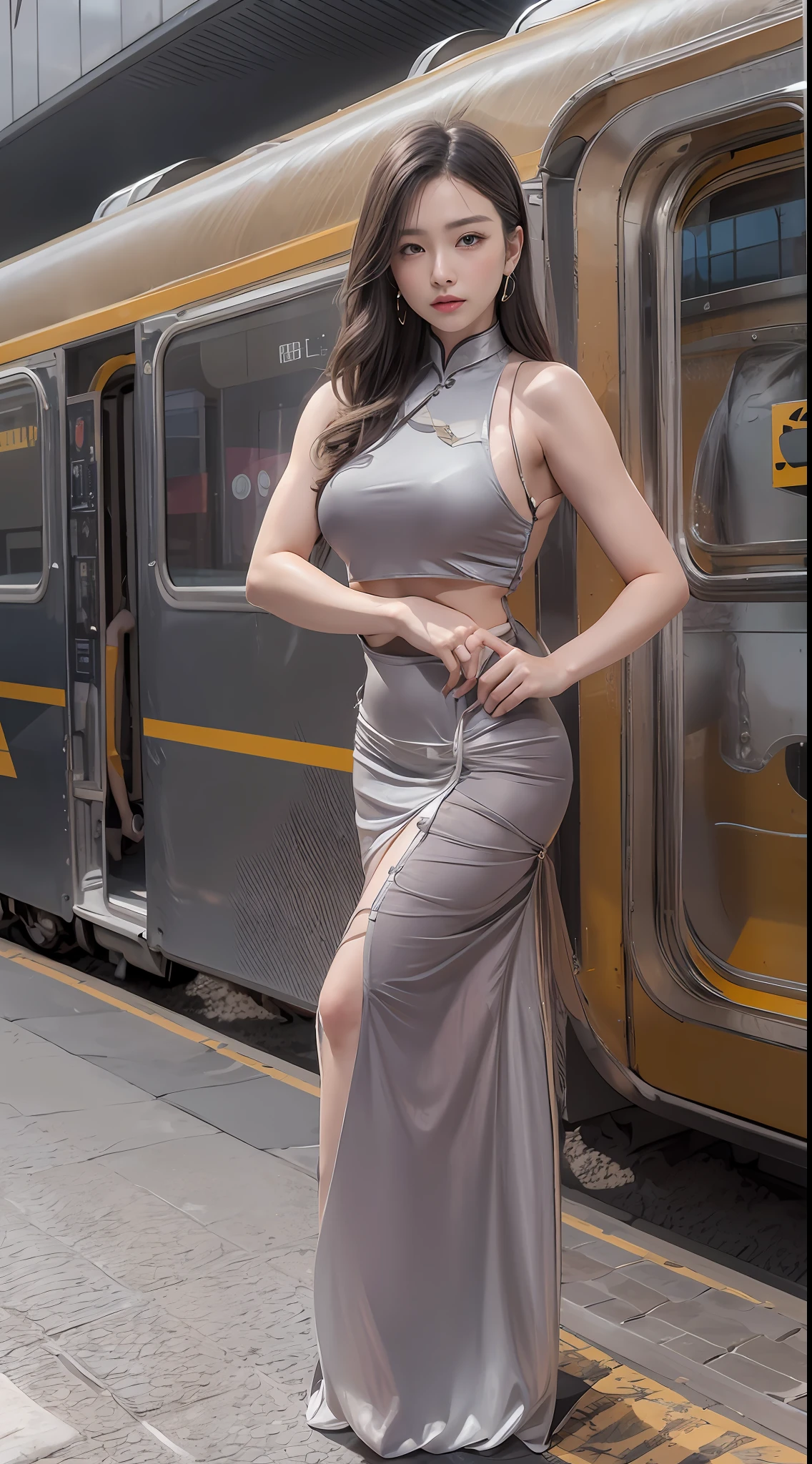 (tmasterpiece,k hd,hyper HD,16k)brunette color hair,15 year old girl,Multi-layer gauze skirt,Emphasis on thin waist,blusher,Soft lips,Glossy lips,,Soft hair like slippery silk,Sparkling,Almost reluctant to look away,She wears a suspender cheongsam!Imagine that,She just wore a suspender cheongsam to shop in the bustling Sanlitun,One can't help but want to take a closer look。Take a closer look, desi,Her belly pocket is quite stylish,The skirt flutters in the wind,It's like adding a touch of energy to the whole street,Crocodile skin train,A sneak peek angle,(From the angle below),Sit in the seat of the train python,sitting in front,Zoom camera,head portrait,Head down and sleepy-eyed,Look at the ground, best qualtiy, hyper HD, (realisticlying:1.4),, A high resolution, the detail, RAW photogr, Sharp Re, Nikon D850 Film Stock Photo by Jefferies Lee 4 Kodak Portra 400 Camera F1.6 shots, Rich colors, ultra-realistic vivid textures, Dramatic lighting, Unreal Engine Art Station Trend, cinestir 800,