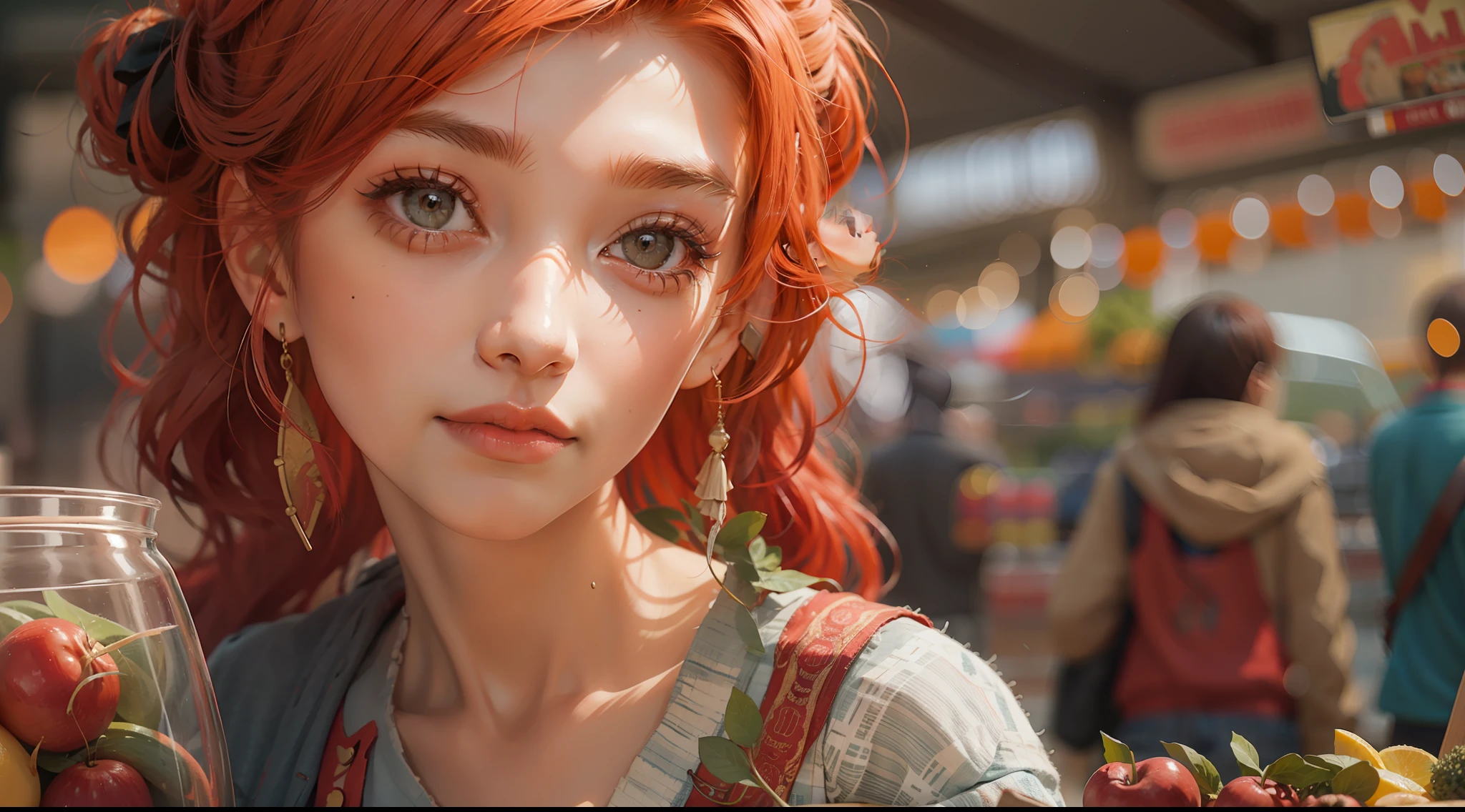 A beautiful red-haired girl, in a market