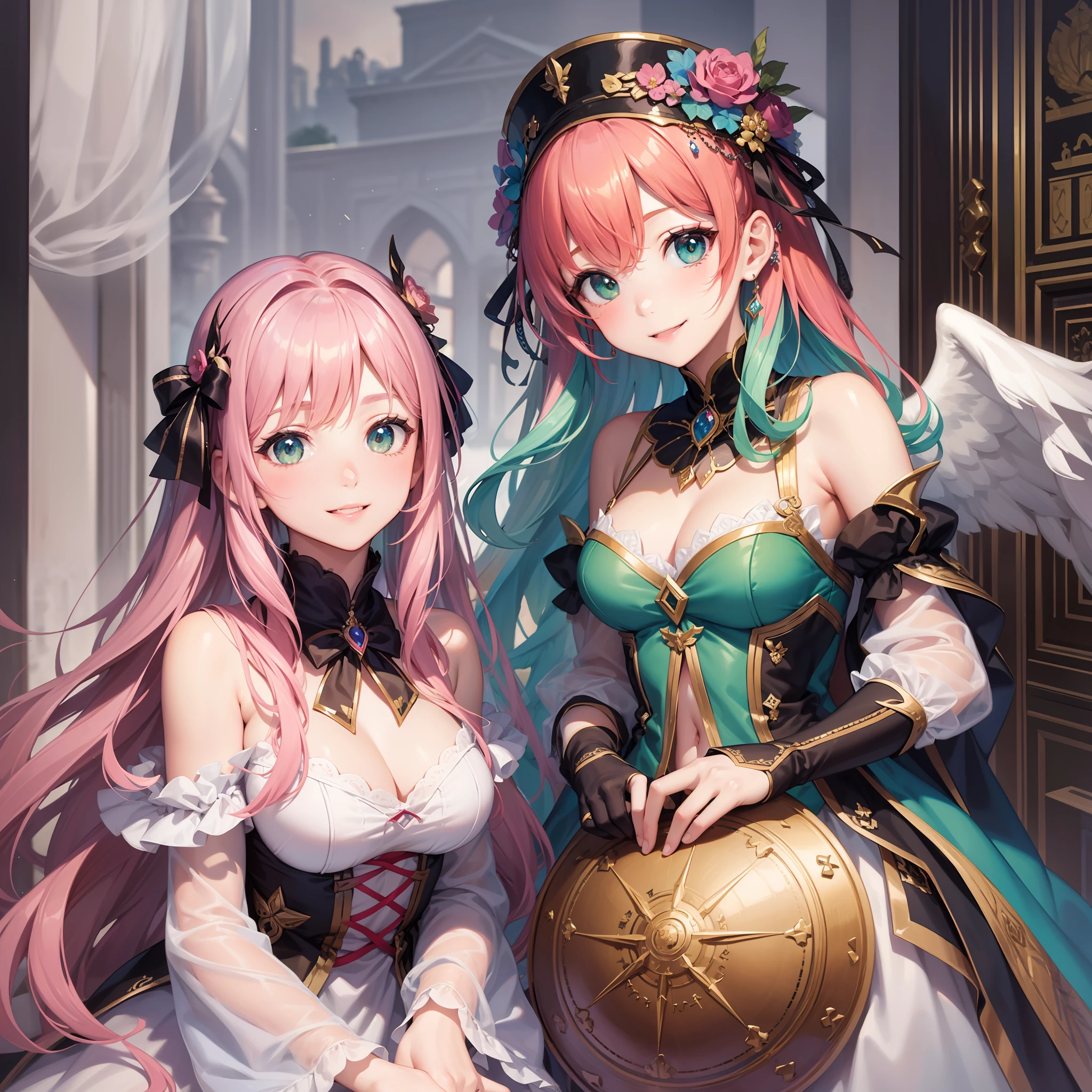 Multiple characters from the harem were depicted with smiles、Angel wings grew girl with Masterpiece illustrations with the highest image quality and ultra-high resolution。a beauty girl Pink hair Green hair
