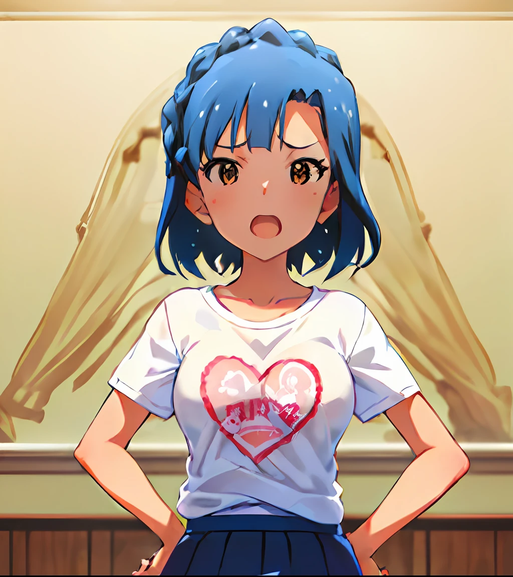 yuriko nanao (million live). Short stature. (((white t-shirts))).(((Skirt))).(((masterpiece))).(((best quality))).((Ultra-detailed))).(((illustratio))). (((put hands on the hip))).(((a room))).(((make a fist))).(((up chest))).Despair face.((short-hair)).((big breasts)).((Opening Mouth)).((Heart on chest)).