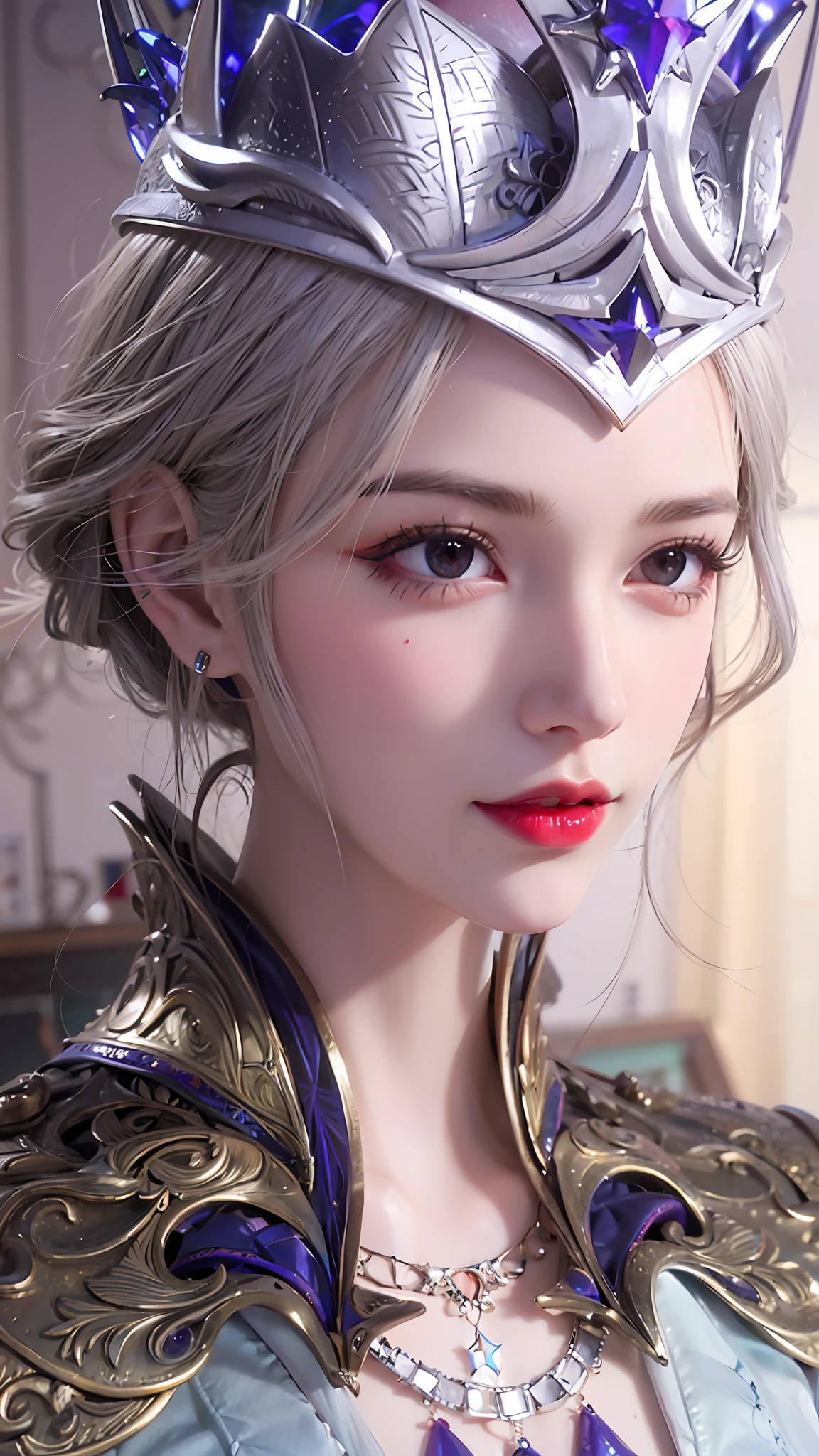 Close-up of a woman wearing a crown and a TIA, a beautiful fantasy empress,(( Red lips shimmer with highlights)),