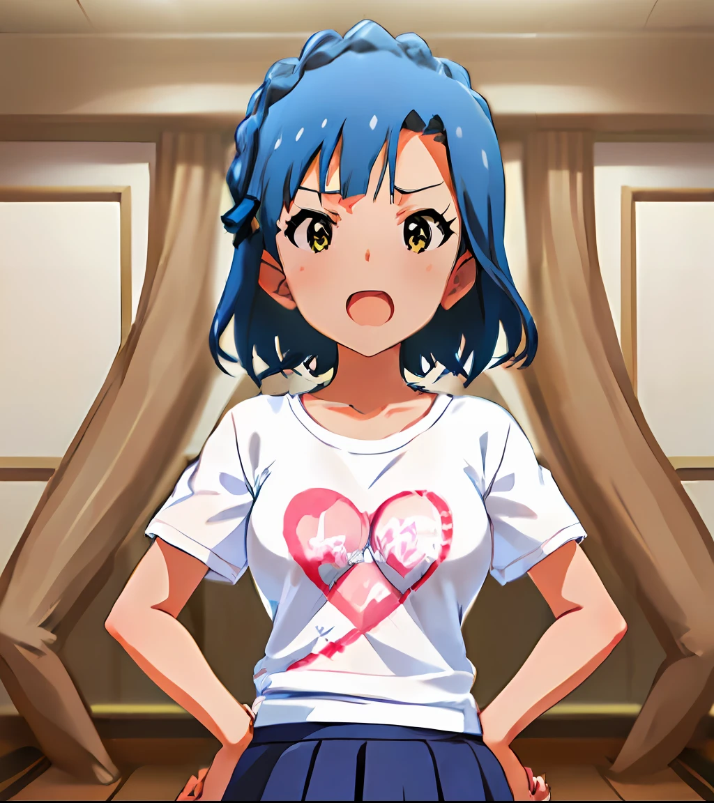 yuriko nanao (million live). Short stature. (((white t-shirts))).(((Skirt))).(((masterpiece))).(((best quality))).((Ultra-detailed))).(((illustratio))). (((put hands on the hip))).(((a room))).(((make a fist))).(((up chest))).Despair face.((short-hair)).((big breasts)).((Opening Mouth)).((Heart on chest)).