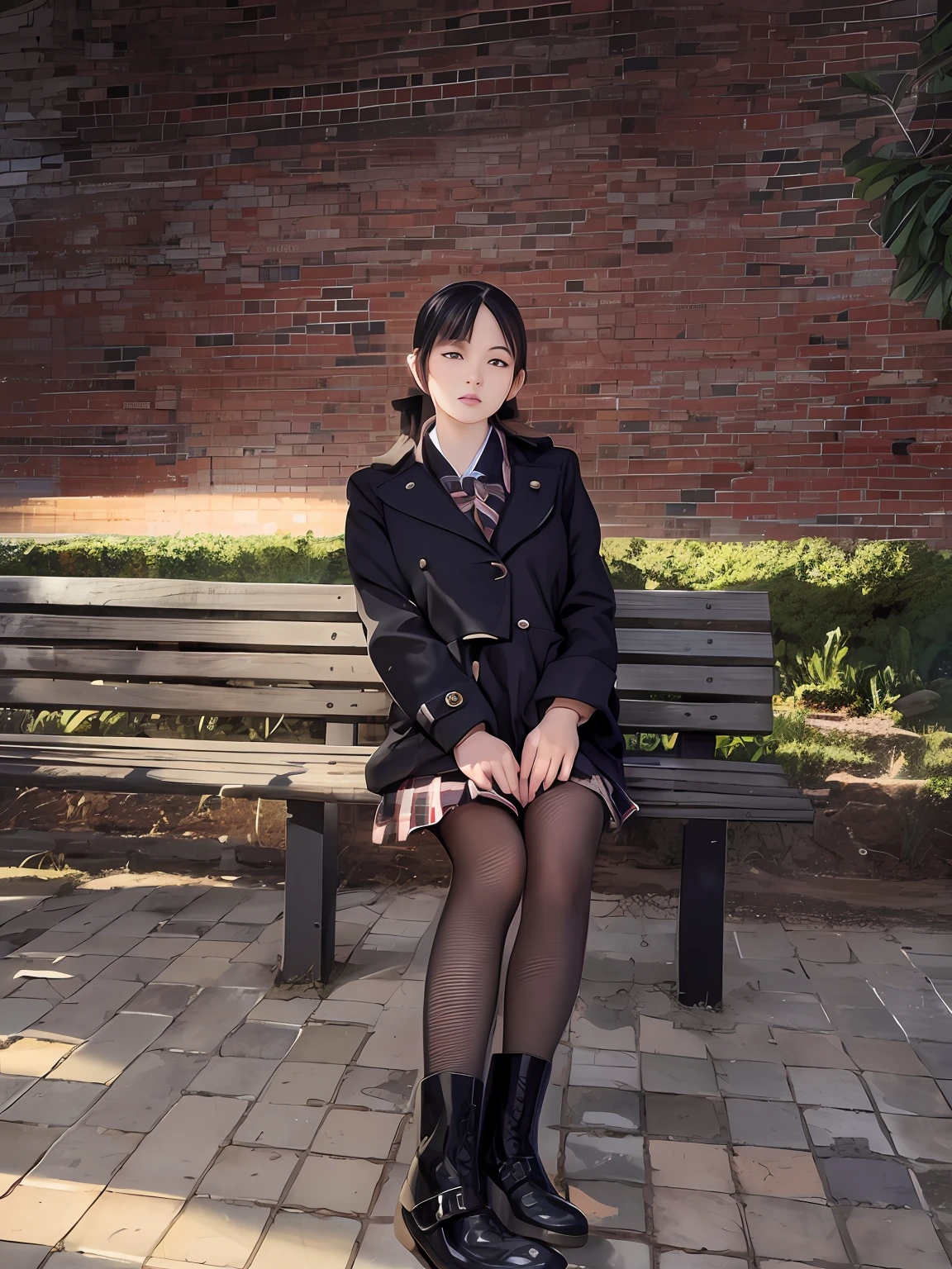 there is a woman sitting on a bench in a park, Wear a miniskirt, loose coat collar sailor uniform, ulzzangs, short skirt and a long jacket, japanese girl school uniform, 19-year-old girl,, with black pigtails, Put on boots,Wear boots,wearing silk stockings,Complicated details,Wear high boots,Wearing black boots,Wear high-heeled boots