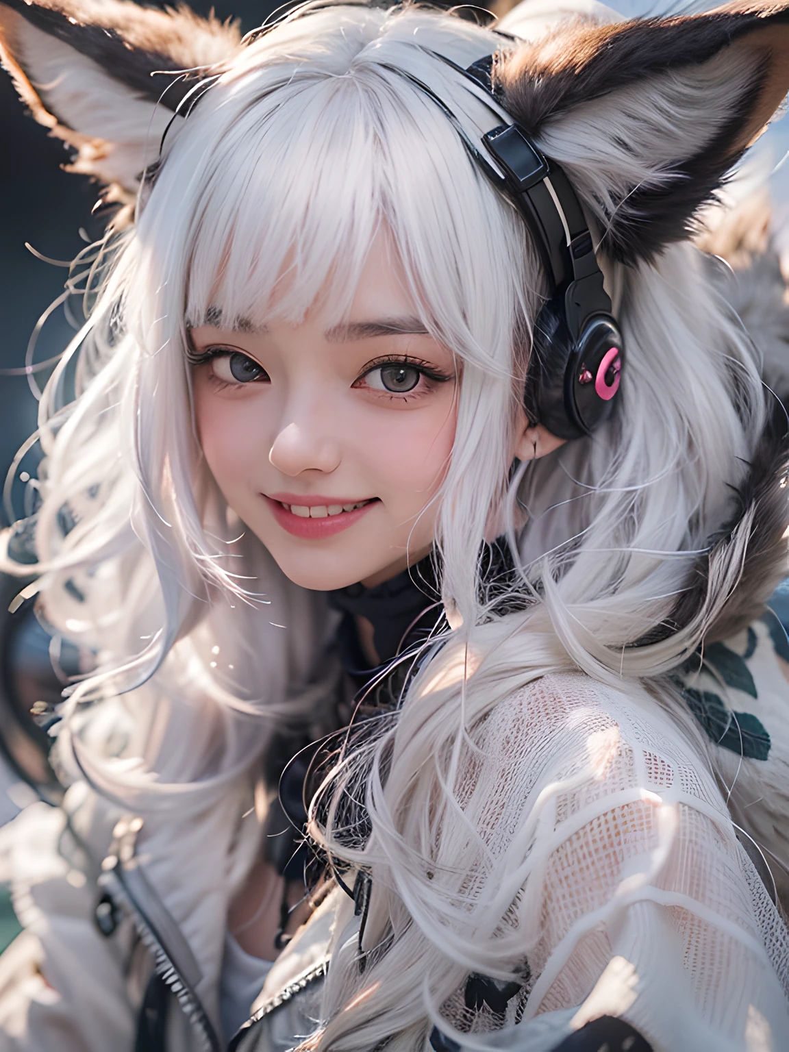 Girl with white hair with fox ears,black hair, hair bobbles, wince, longeyelashes, solid circle eyes, fake animal ears, light smile, ear blush, fang, Surrealism, drop shadow, anaglyph, stereogram, tachi-e, pov, atmospheric perspective, 8k, super detail, ccurate, best quality