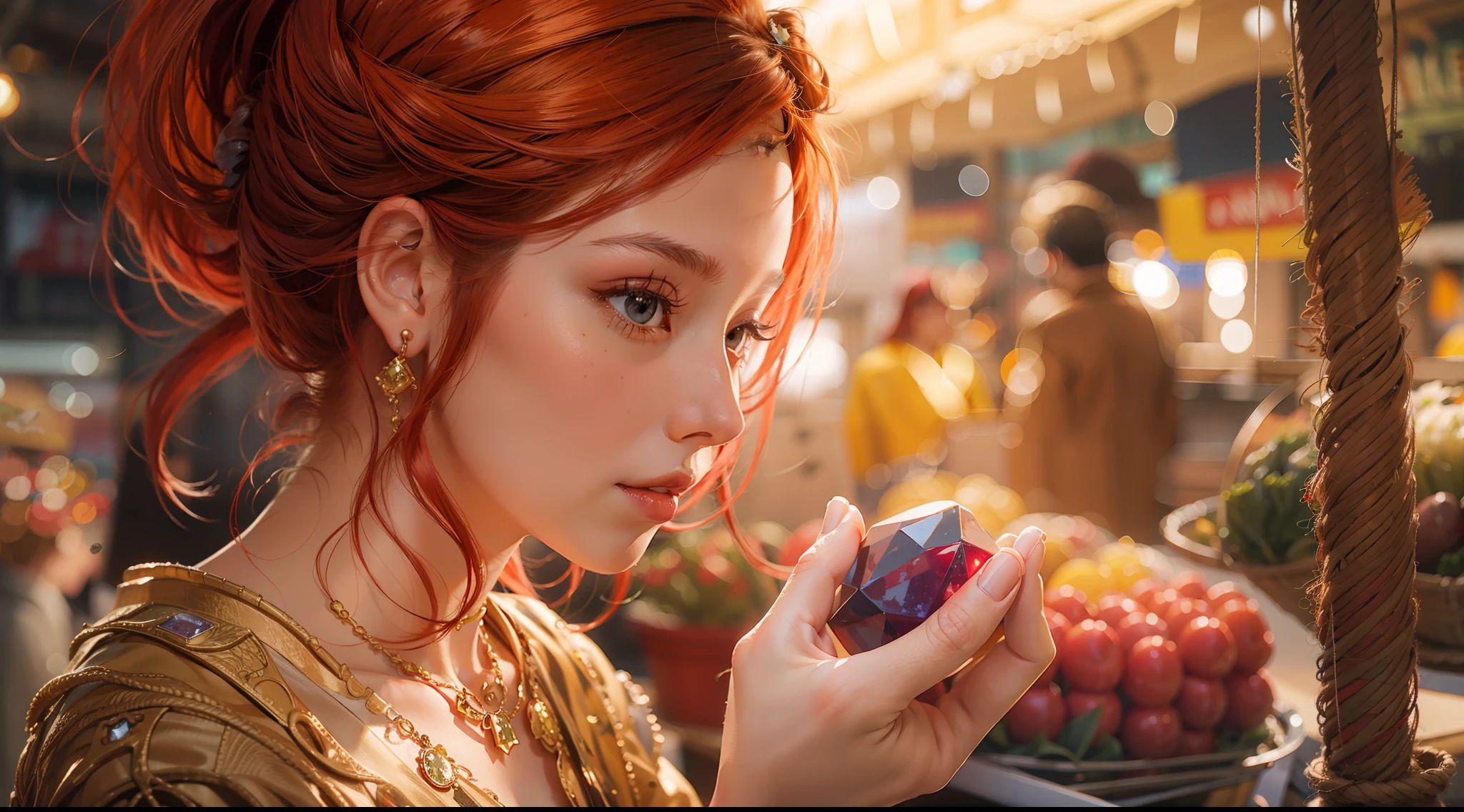 A beautiful red-haired girl, in a market, with a shiny gemstone, carrying in her hands