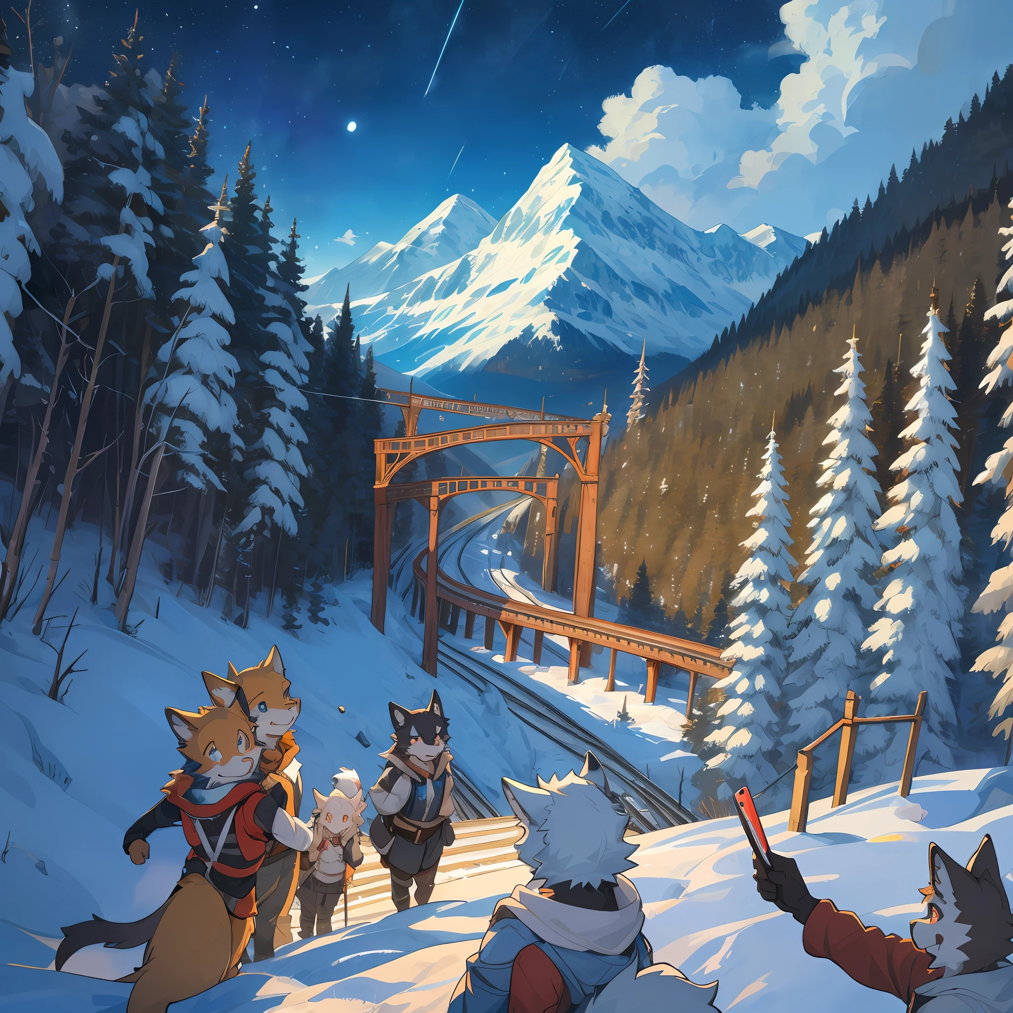 top quality, best quality, High-quality illustrations, masterpiece, super high resolution, detailed background, detailed background, Mountain railways in Switzerland, group shot, 6+boys, 6+girls, night sky, absurdres(highly detailed beautiful face and eyes)perfect anatomy(Photo of family trip)(kemono, furry anthro)selfie,