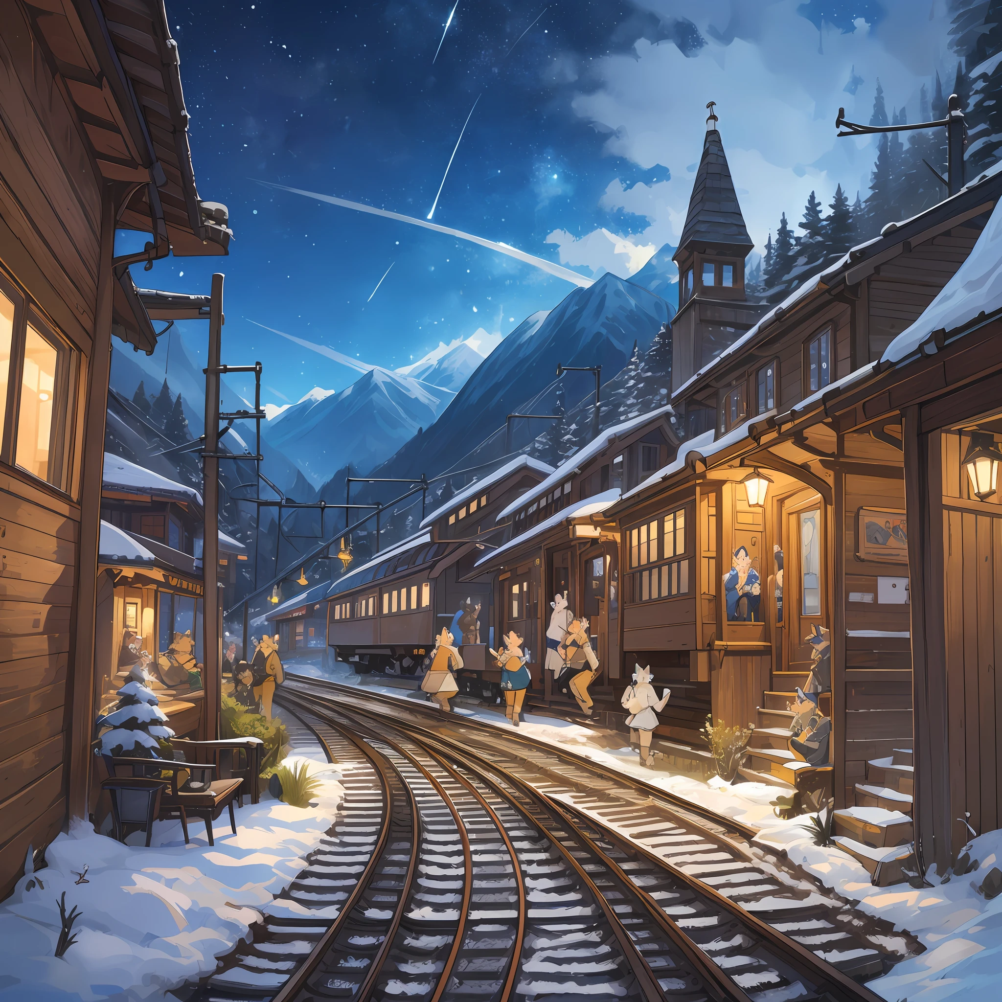 top quality, best quality, High-quality illustrations, masterpiece, super high resolution, detailed background, detailed background, Mountain railways in Switzerland, group shot, 6+boys, 6+girls, night sky, absurdres(highly detailed beautiful face and eyes)perfect anatomy(Photo of family trip)(kemono, furry anthro)selfie,