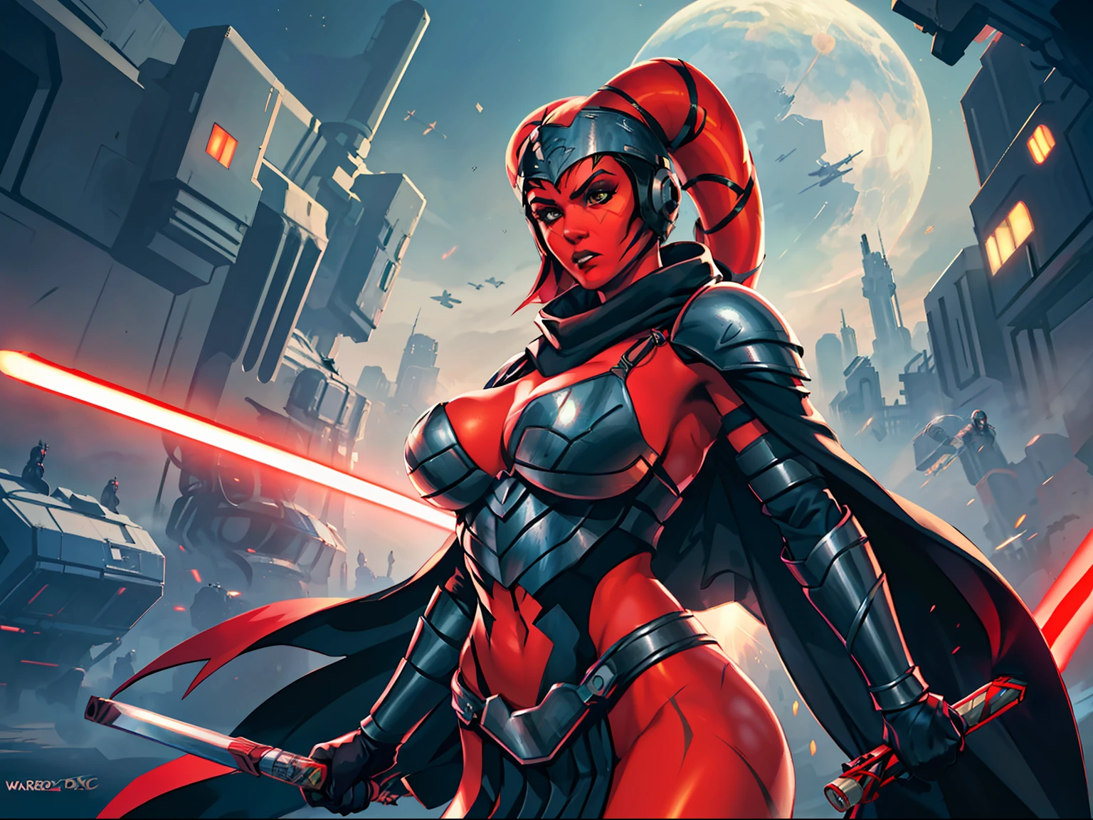 Gorgeous big tits Twi'lek woman in an action scene, (((fighting, swordfight, dual red lightsabers))), masterpiece, best quality, high-definition, armor, busty, ((red skin), twi'lek), dual red lightsabers, evil space knight, space ninja, (wearing black robes, black stealth armor, breastplate, tunic, tabard, cowl, cloak, body glove, straps, buckles, skirts, long sleeves, fantasy, ((armor))), ((busty), slender body, thin, slim sexy body, slim waist, ((gigantic breasts))), Imperial starship, Star Wars, futuristic city, warzone, soldiers in black armor