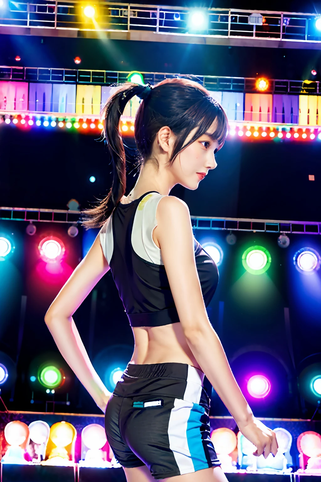 1 girl, (Face the audience:1.8)，Solo, Running, Gray Track Top,plain face ，Pink shorts, pony tails, Liuhai，Athletic figure，Black hair，Dynamic brushstrokes，Smooth movements，Capture the essence of her sportsmanship and energy，Light and pastel tones create a dreamy and ethereal atmosphere，Portrays the movement and elegance of running，The wind blew her ponytail and clothes，and the landscape around her。exteriors，detailed back ground，Modern metropolis，
