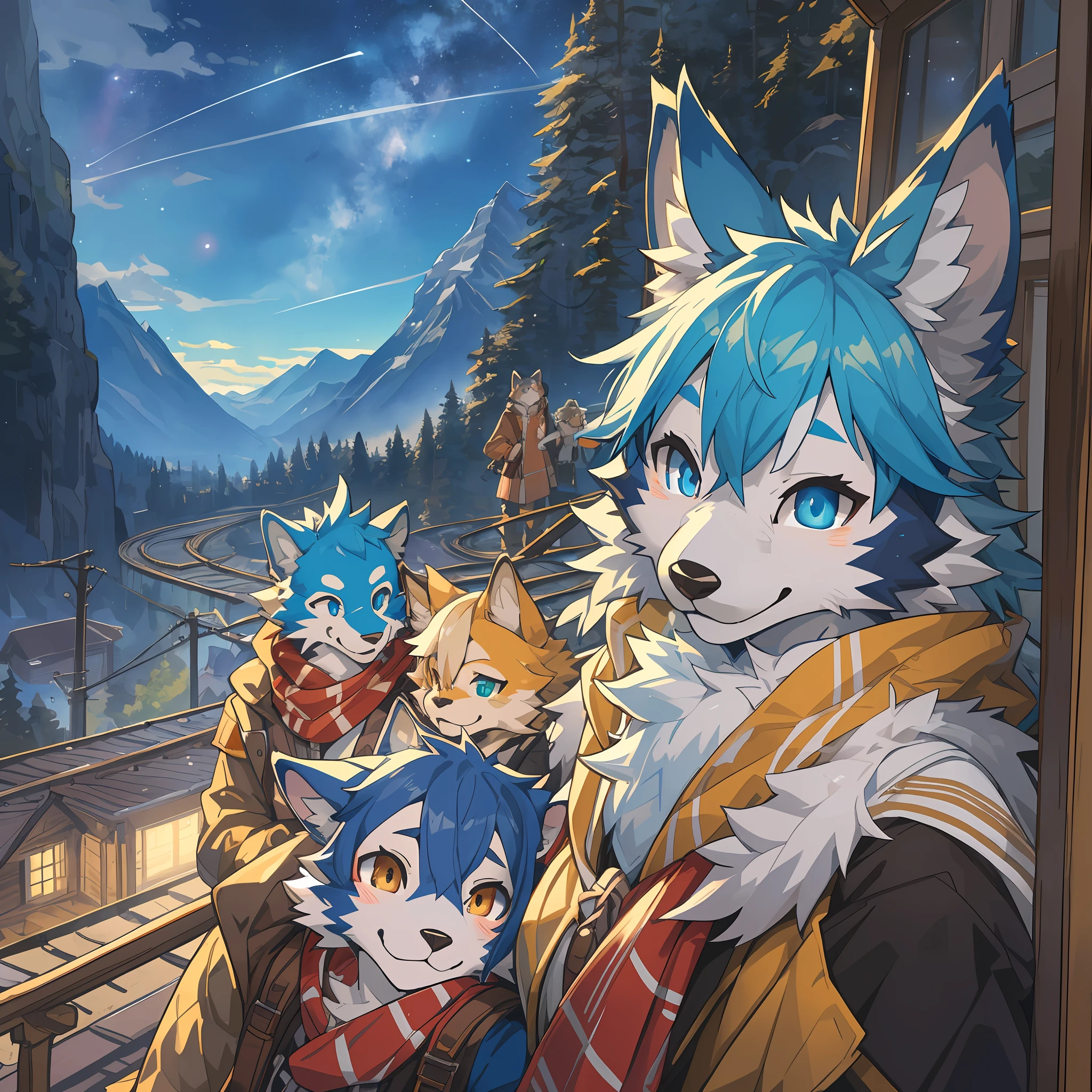 top quality, best quality, High-quality illustrations, masterpiece, super high resolution, detailed background, detailed background, Mountain railways in Switzerland, group shot, 6+boys, 6+girls, night sky, absurdres(highly detailed beautiful face and eyes)perfect anatomy(Photo of family trip)(kemono, furry anthro)selfie,
