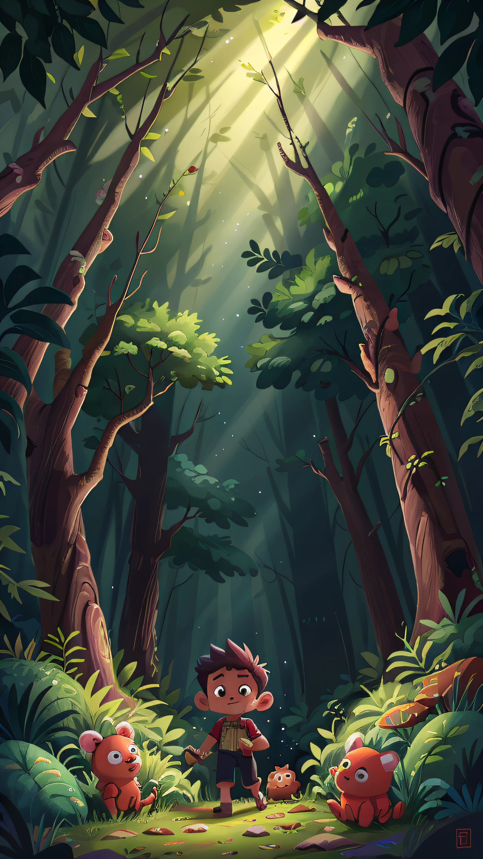 [Illustration of Benji walking through the dark forest]
As Benji walked through the forest, as sombras pareciam assustadoras. He heard strange noises and felt goosebumps run through his skin.