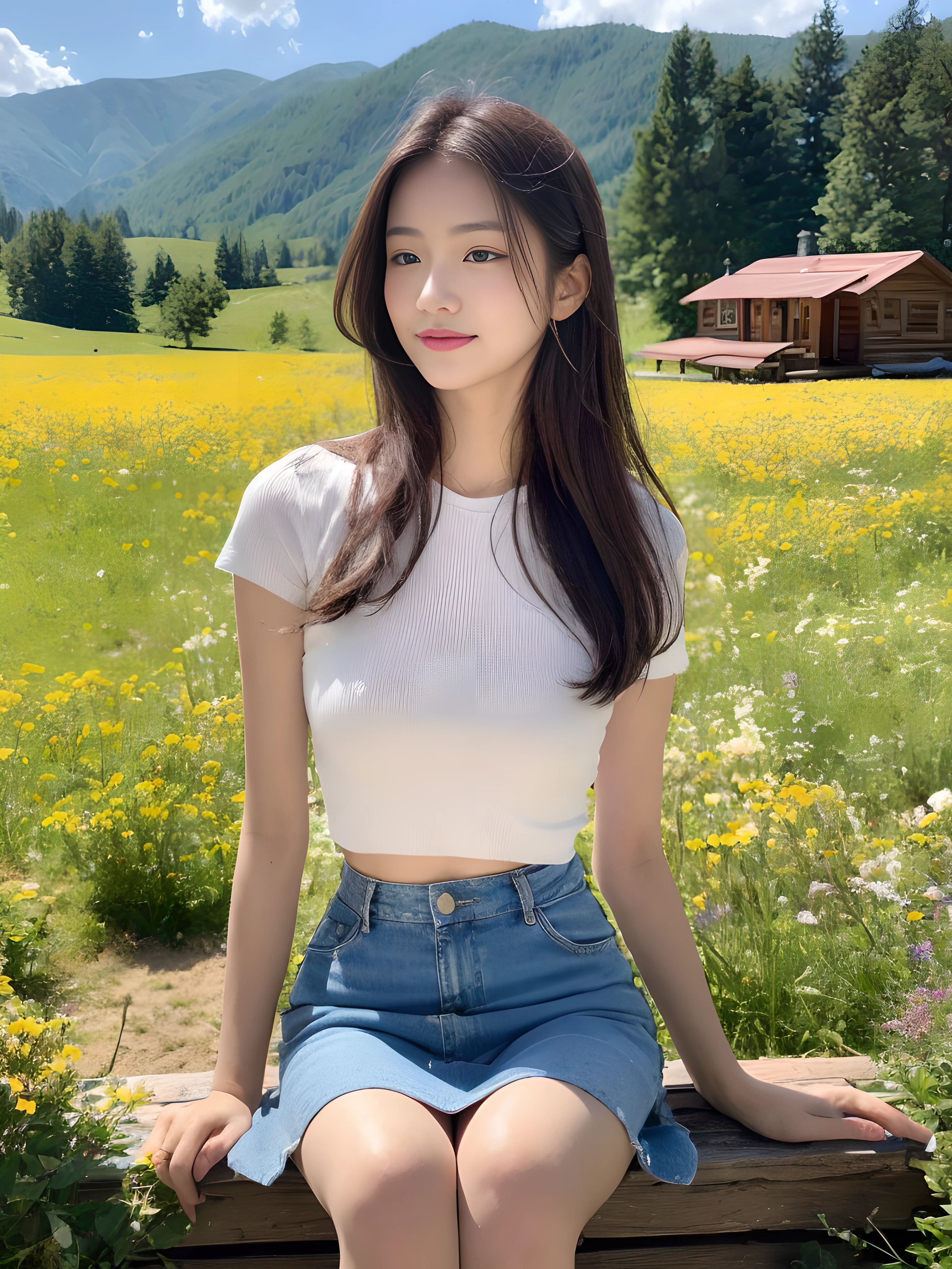 ((best qualtiy, 8K, tmasterpiece:1.3)),Focus:1.2, female high-school student,wooden cabin,(A look of determination)(adolable),delicated face,Long hair waist-length,long hair flowing,Tilt your head,ssmile,Hair details,Delicate Full Body Portrayal,Delicate depiction of the face,Best picture quality,A high resolution,细致背景,Delicate portrayal,exquisitedetails,Rich in detail,Facial strengthening,(Short crop top,short skirt),with blue sky and white clouds,Sitting Among the Flowers,wooden cabin,There are no bags under the eyes