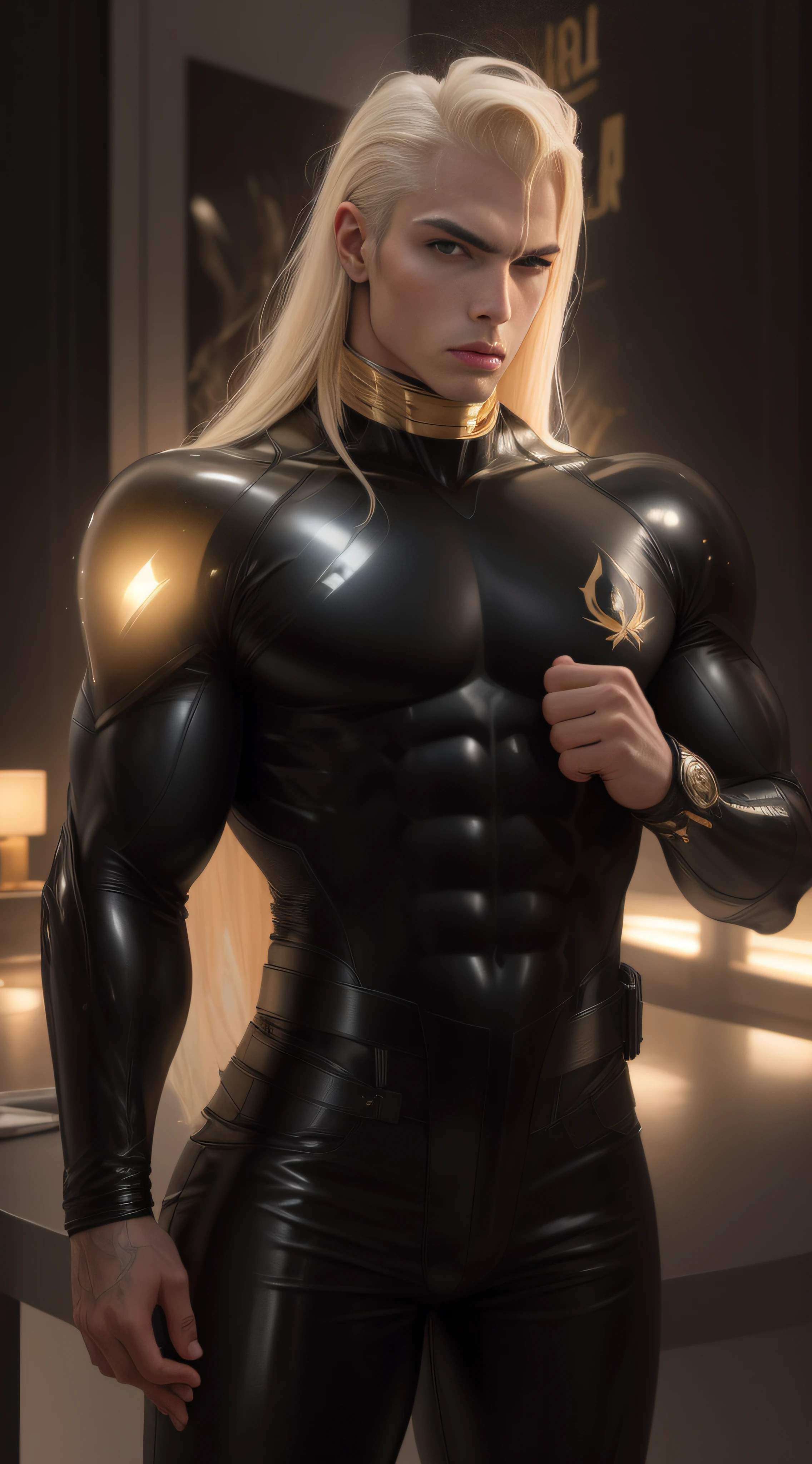 Blonde-haired woman in black latex suit posing for a photo, muscular male hero, black canary, Uniforme preto dourado, Artgerm JSC, tiro de close-up, medium close - up ( Mcu ), Closeup da arte do personagem, Commission for High Res, inspirado em Henric Trenk, Pose masculina heroica, attractive androgynous humanoid, armadura brilhante elegante, terno feito de estrelas