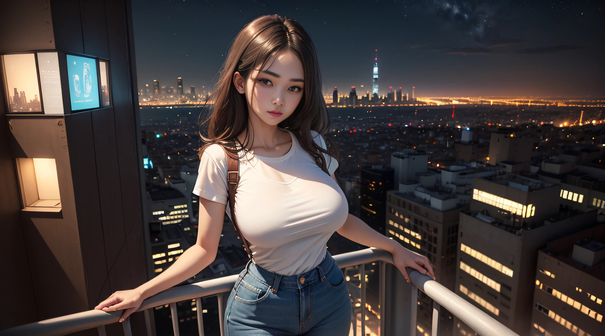 ((Midnight, Best quality, 8k, Masterpiece :1.3)), Whole body, Long legs, Sharp focus :1.2, A pretty woman with perfect figure :1.4, Slender abs :1.1, ((Dark brown hair,Gigantic breasts :1.2)), (White tight tshirt, Jean bib, Standing:1.2), ((Night city view, Rooftop:1.3)), Highly detailed face and skin texture, Detailed eyes, Double eyelid