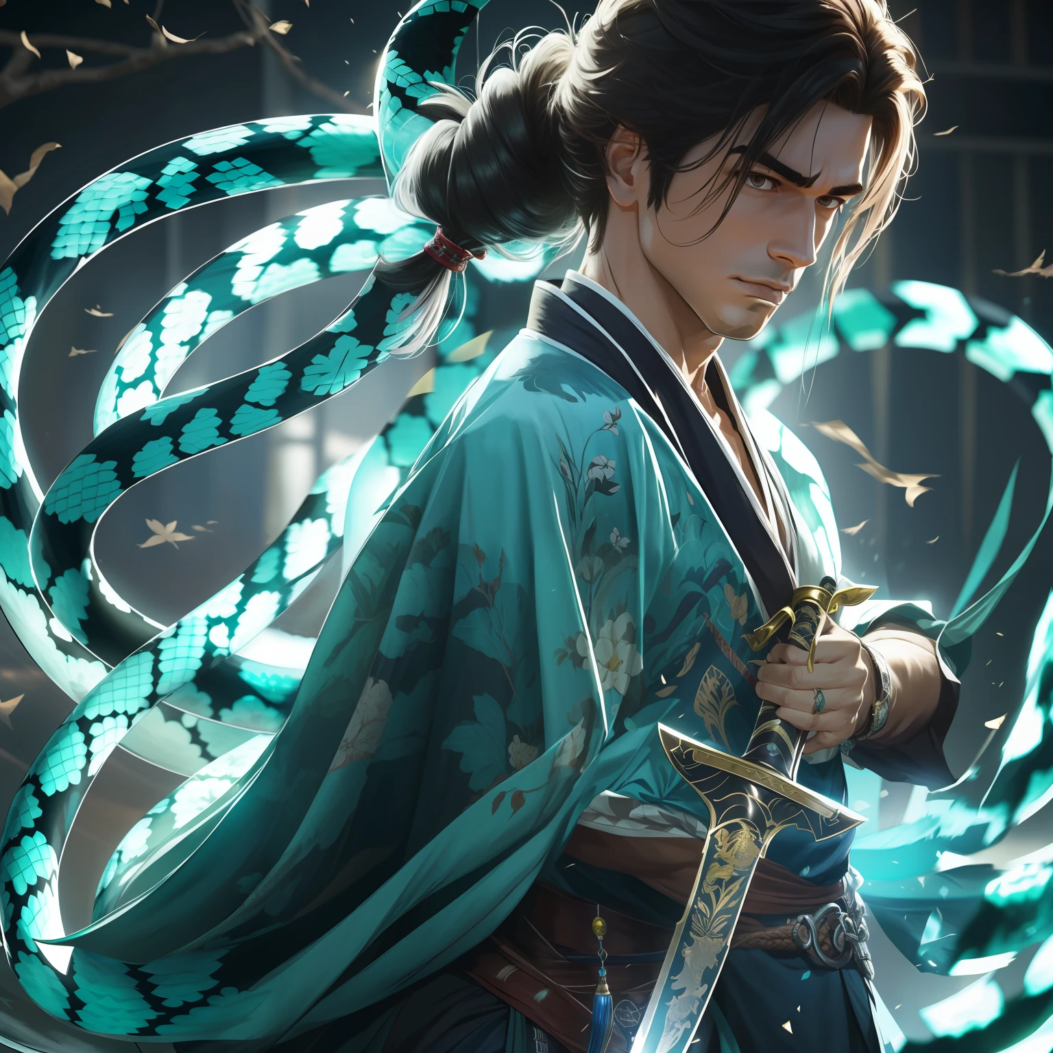 Cabelo preso na altura dos ombros, (((obra-prima))), (((melhor qualidade))), cabelo de samurai