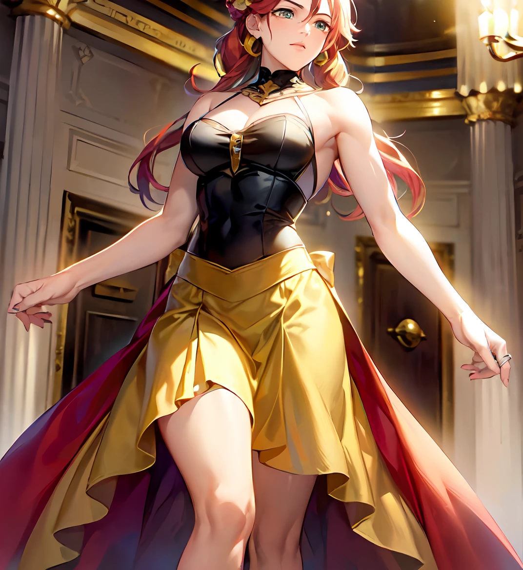 best quality, masterpiece, solo, (( Tall ,Feminine))anime Male in red Dress with crown,( Red corset, Skirt trail), wearing an ornate outfit, anime princess, in a fancy elaborate dress, ((Long Orange Hair:1.4)), ((hair styled in Ringlets:1.3)),((Green eyes)),((Wide Hips)) , ((Thick Thighs )), Background(Ballroom))
