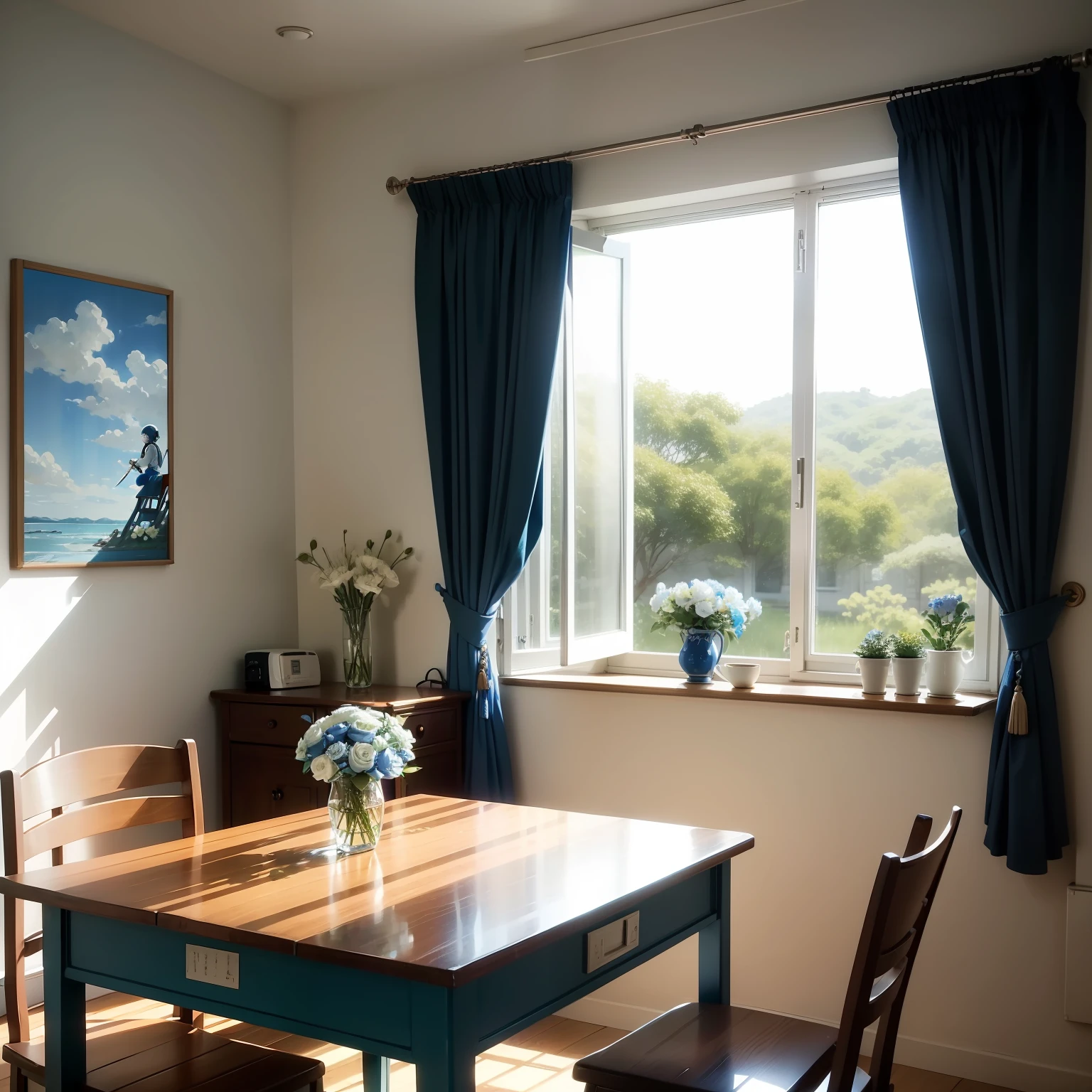 Blue and white GUNPLA、Sit on a stool for breakfast、desks、kawa、window、Sunny day,curtain、Open plan kitchen、A beautiful bouquet of flowers,A painting hangs on the wall, a sword 923