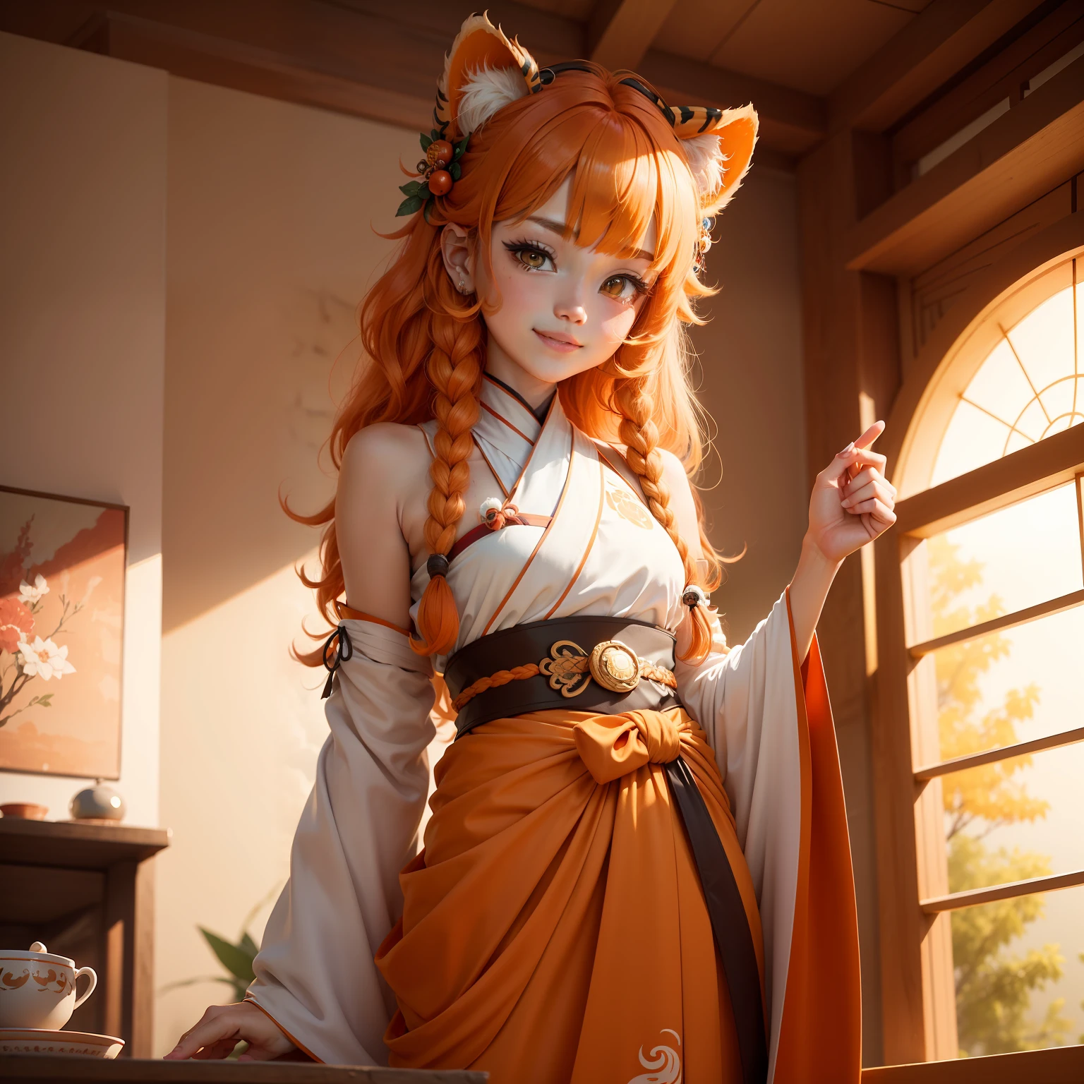a tiger,Cute tiger ears,Cute tiger tail,happy grin,Orange Hanfu(wearing a hanfu) shaggy, Fluffy red hair, softness ((best qualtiy)), ((tmasterpiece)), (hair adornments)( extremedetailed, highest details, offcial art, Beauty and aesthetics:1.2), depth of fields, composition ( (full bodyesbian) ), (tchibi), , (beautiful and detailed eye:1.3),(extremely happy:1)(Orange-red and gradient white),Popmart blind box,Clay texture,Clouds decorate background,natural soft light,best qualtiy,Lots of detail,arte 3D,c4d,Blander,OC renderer,3Drenderingof,8k
