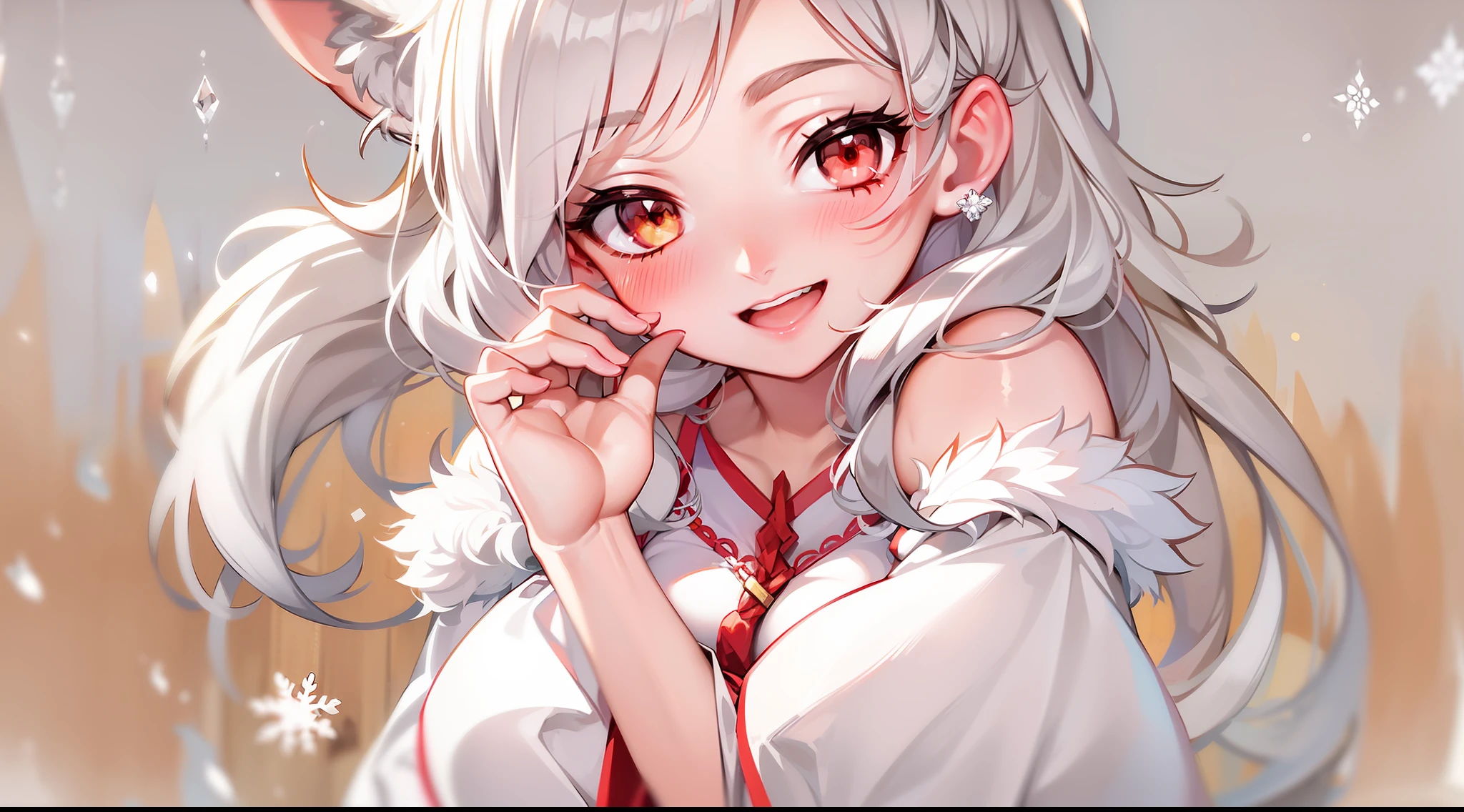 Snow-white haired fox-eared girl,The is very detailed,ssmile,Keep one's mouth shut,looking toward the viewer,On your stomach,Be red in the face,smallunderboob