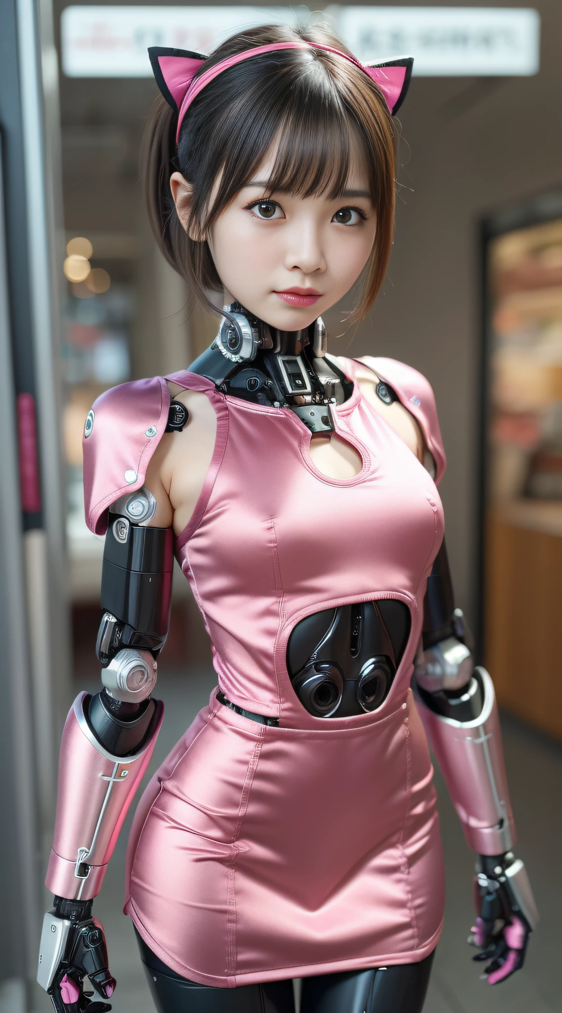 (Photorealsitic:1.4)、Onegirl、(top-quality),(hyperdetailed face)、(Super well-formed face)、((Robot Parts))、(Cyborg girl)、(Burgundy)、(metalic)、(fullllbody)、(Moe Pose)、(Slender body)、(tits out)、(Model body type)、(mecha exposure)、(akihabara)、(is looking at the camera)、(A dark-haired)、(９Head and body)、(a small face)、(Idol)、(front facing)、(is standing)、(Photo session)、(Looks sad)、(Cyborg girl in pink satin dress)、(sleeve less)、(a miniskirt)