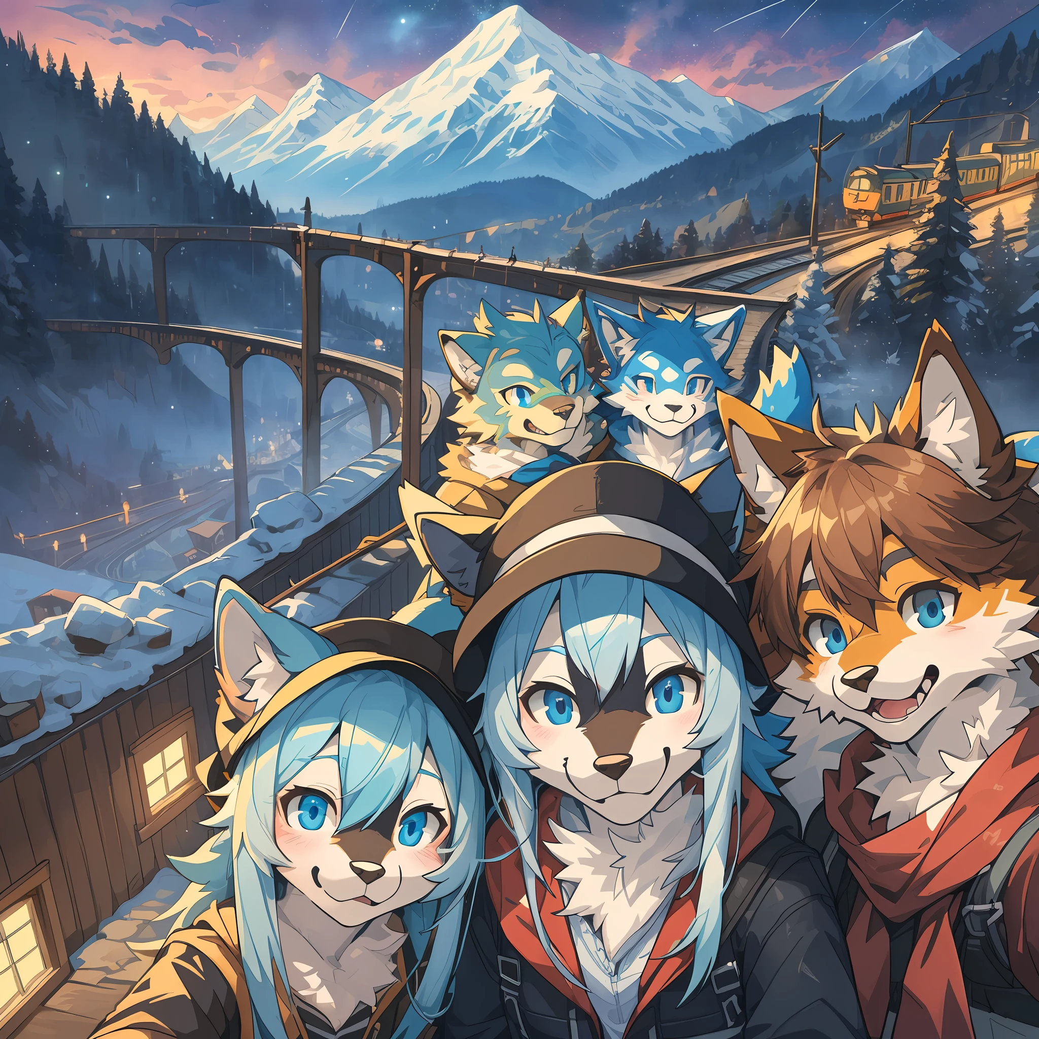 top quality, best quality, High-quality illustrations, masterpiece, super high resolution, detailed background, detailed background, Mountain railways in Switzerland, group shot, 6+boys, 6+girls, night sky, absurdres(highly detailed beautiful face and eyes)perfect anatomy(Photo of family trip)(kemono, furry anthro)selfie,