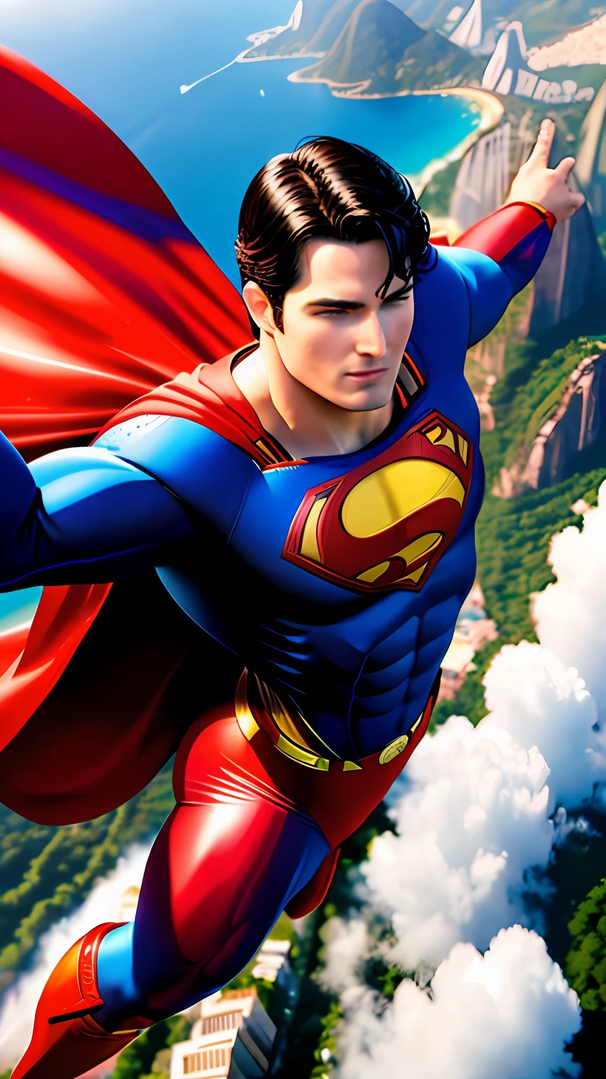 (best quality:1.3), (masterpiece:1.3), (realistic:1.4), (detailed:1.1), artwork of (Superman:1.3) soaring over the city of Rio de Janeiro, Brazil. The artwork should be highly detailed, and should accurately depict the character of Superman, including his iconic blue and red suit, cape, and emblem. The artwork should be created at a high resolution of 8K or 4K, and should be rendered in 3D to give it a lifelike quality. The artwork should also be created in 8D to add depth and dimensionality. The overall style of the artwork should be realistic, with an emphasis on capturing the vibrant colors and energy of Rio de Janeiro. Be sure to include iconic landmarks such as the Christ the Redeemer statue and Sugarloaf Mountain. The final artwork should be of the highest quality and should match the level of detail and realism found in professional Adobe Photoshop artwork.