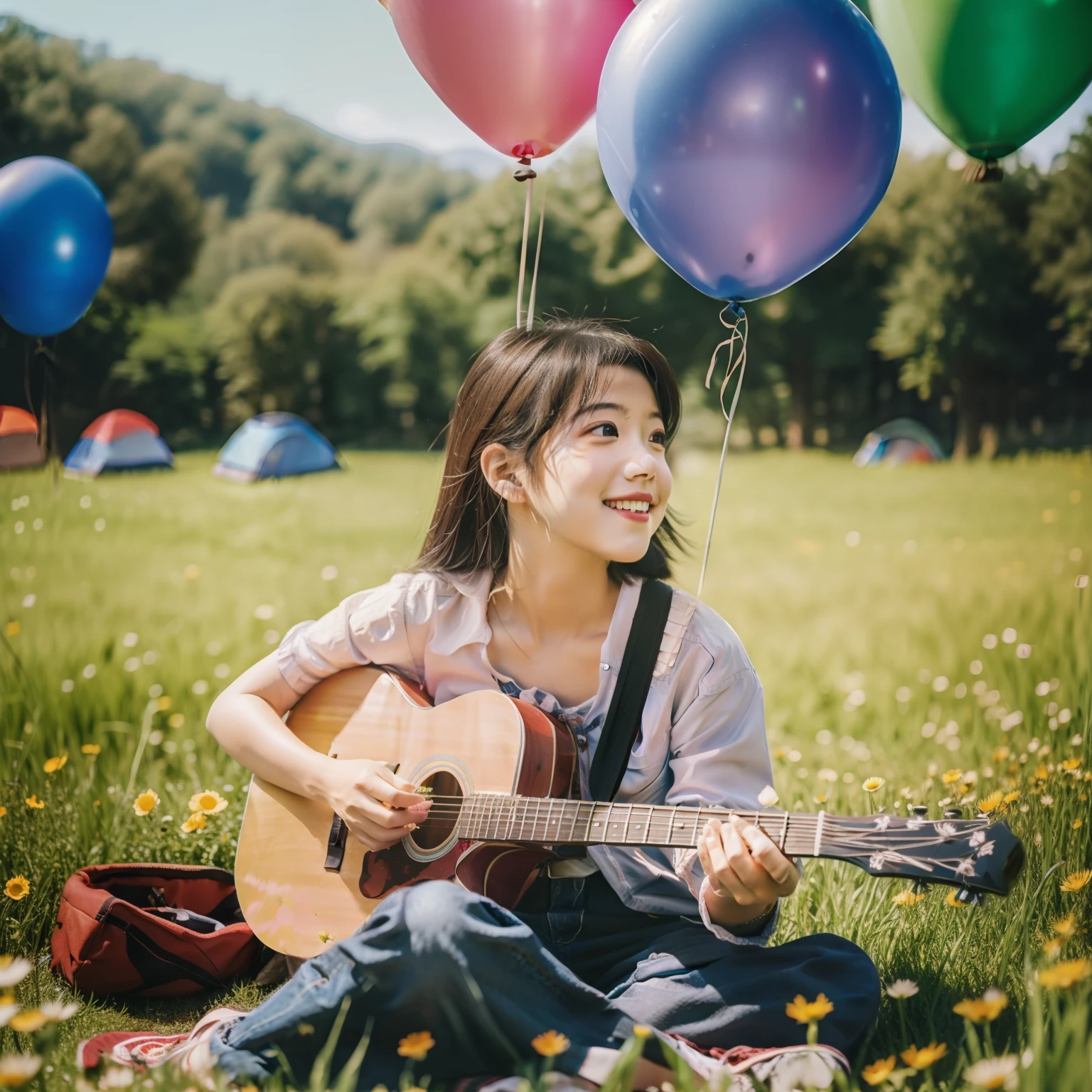 A girl's happy expression,sitted,guitar,campsite,Front view,and the sun was shining brightly,There are colorful balloons floating in the sky,grassy fields,fresh flowers