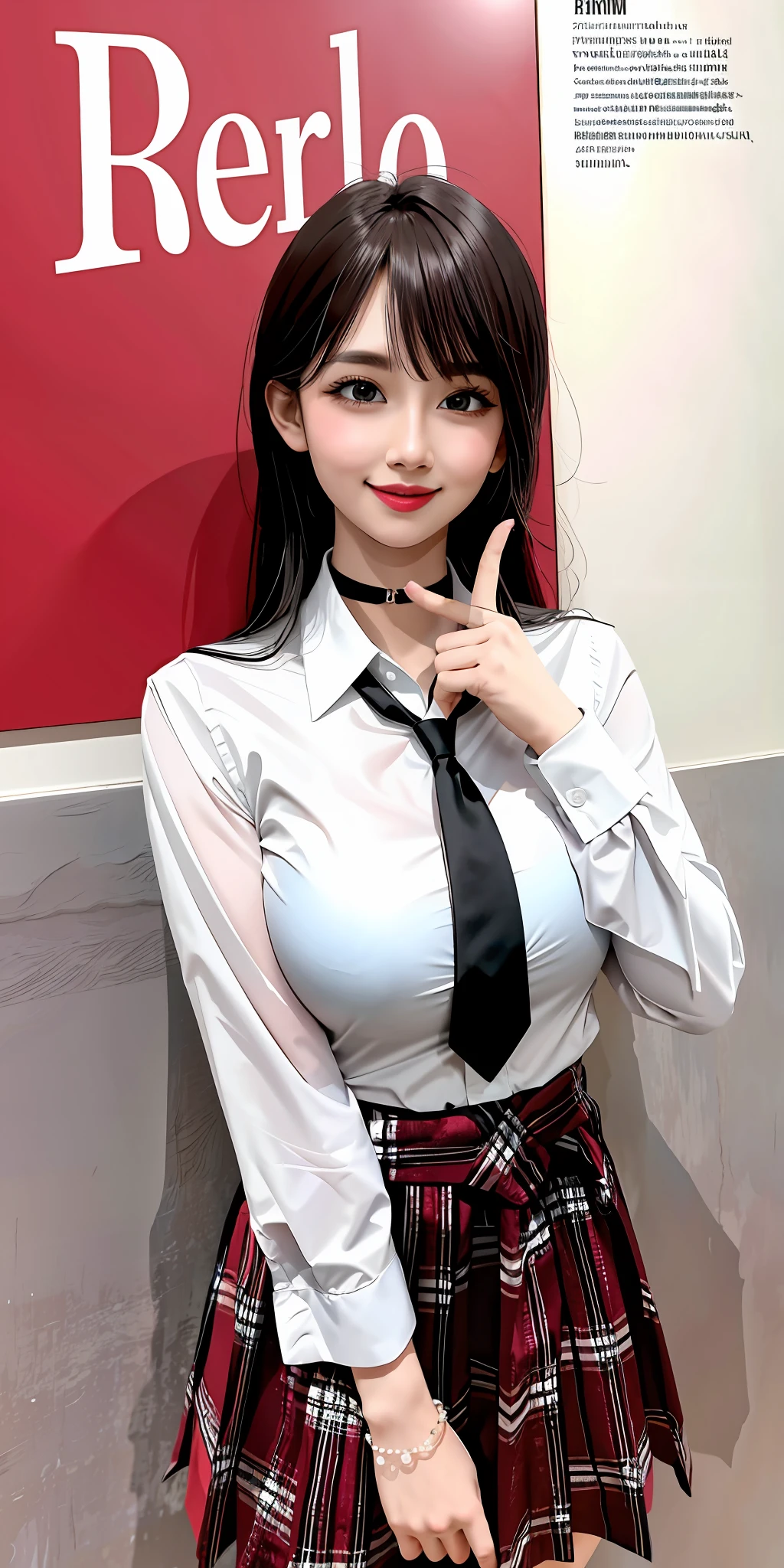 masterpiece, best quality, full body, 1girl, bangs, black choker, black necktie, black hair, blue skirt, blush, bracelet, breasts, choker, clothes around waist, collarbone, collared shirt, cowboy shot, dress shirt, ear piercing, eyebrows visible through hair, gradient hair, grin, gyaru, jewelry, kogal, long hair, looking at viewer, loose necktie, necktie, piercing, plaid, plaid skirt, pleated skirt, red eyes, ring, school uniform, shirt, skirt, smile, solo, white shirt, street, sky, cherry blossoms, petals,illustration, (magazine:1.3), (cover-style:1.3), fashionable, woman, vibrant, outfit, posing, front, colorful, dynamic, background, elements, confident, expression, holding, statement, accessory, majestic, coiled, around, touch, scene, text, cover, bold, attention-grabbing, title, stylish, font, catchy, headline, larger, striking, modern, trendy, focus, fashion,