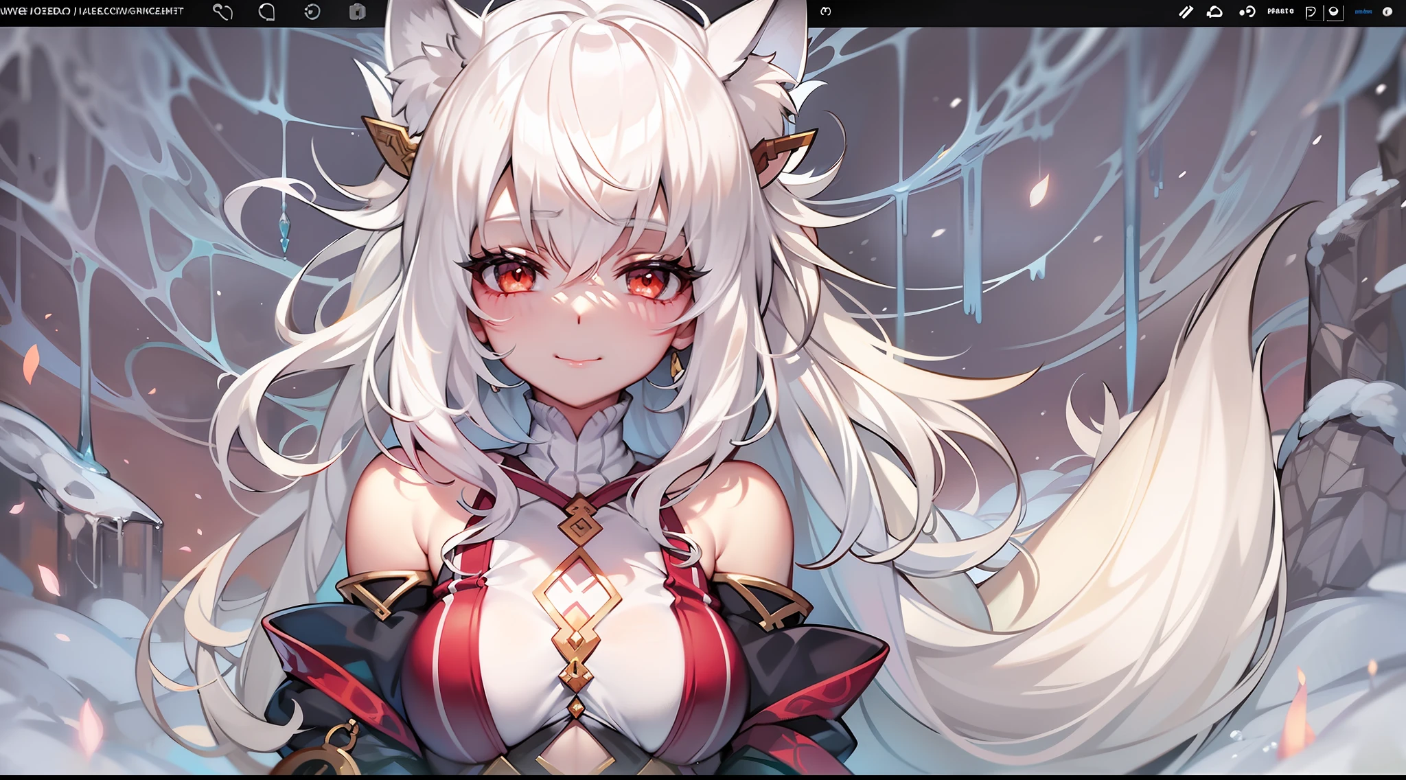 Snow-white haired fox-eared girl,The is very detailed,ssmile,Keep one's mouth shut,looking toward the viewer,On your stomach,Be red in the face,smallunderboob