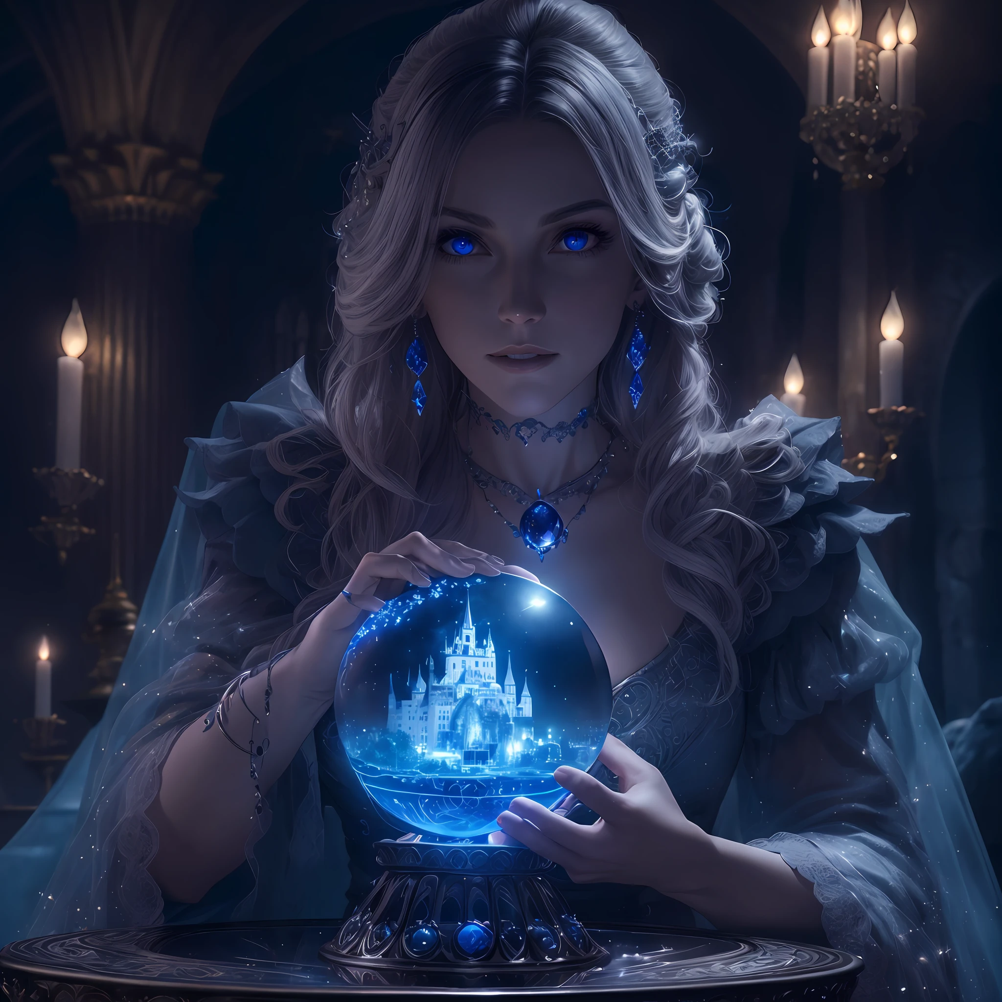 Moonlight, The evil witch casts magic on the Crystal ball in front of her, (There is a castle in the Crystal ball), The witch's eyes emit a blue flame, Electroluminescent Wire, Dreamy Glow, anatomically correct, (Photorealistic,masterpiece,best quality,UHD,extremely detailed, Cinematic Lighting )