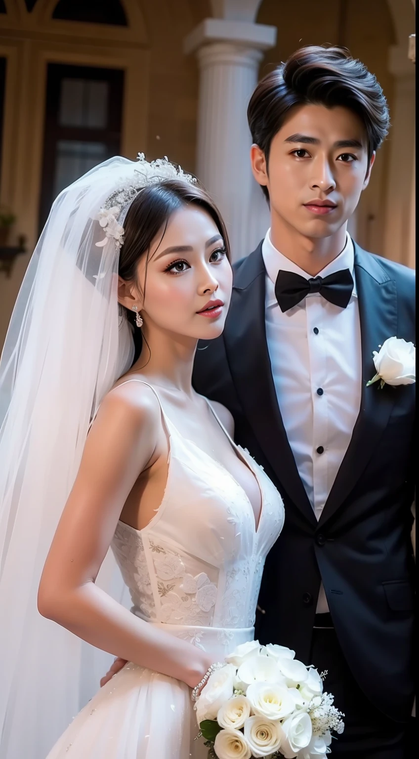 Fashion model 25 years old [[[[closeup cleavage]]]], [[[[boobgasm]]]], [[[[coll]]]], [[[[bshoulders]]]], perfect  eyes, Perfect iris，perfect lips，perfect teeth，Perfect skin，Soft front light，HDR，A couple，wedding gown，Masculine man in suit，Gentle lady wearing wedding dress；（pastel colour：1.2）