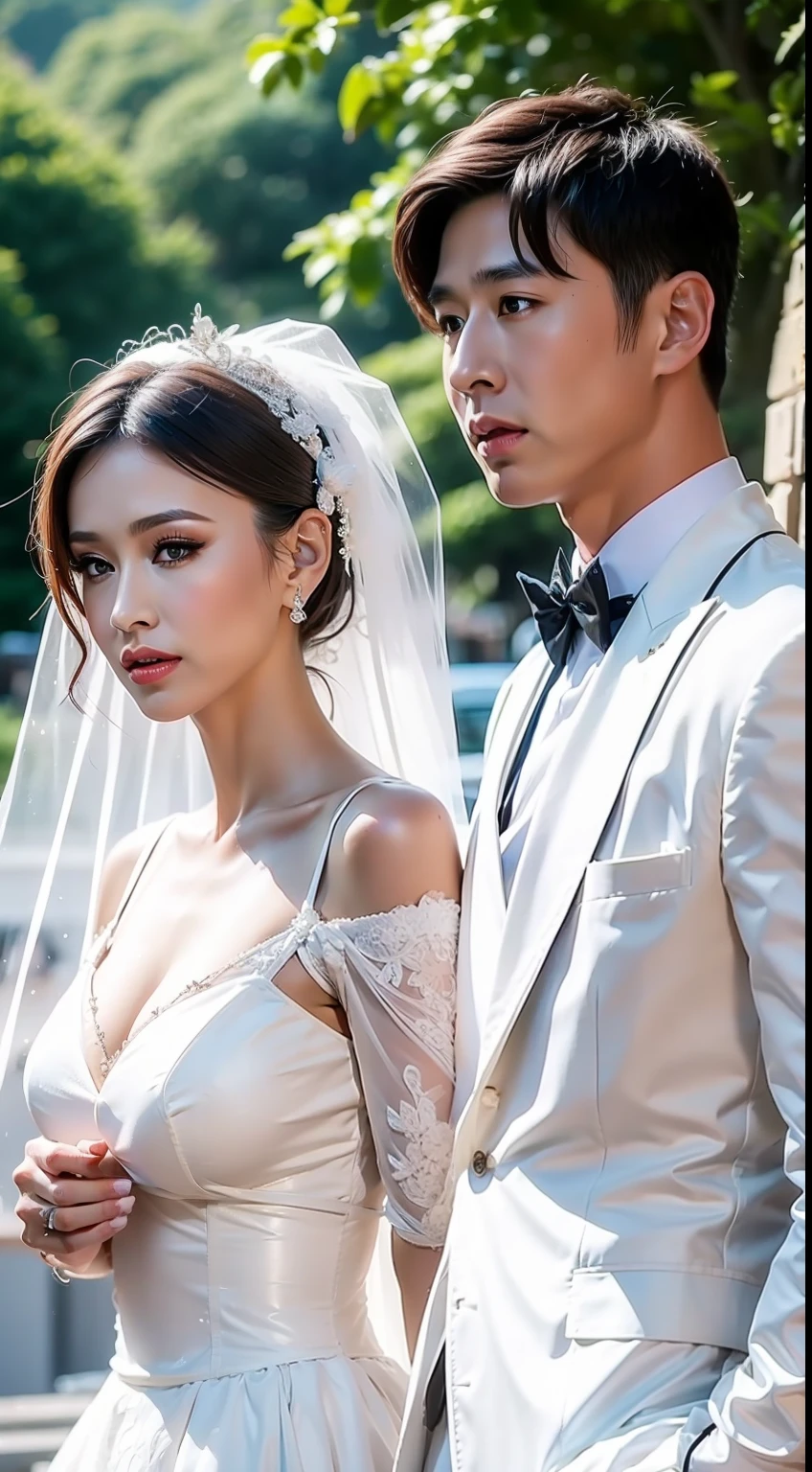 Fashion model 25 years old [[[[closeup cleavage]]]], [[[[boobgasm]]]], [[[[coll]]]], [[[[bshoulders]]]], perfect  eyes, Perfect iris，perfect lips，perfect teeth，Perfect skin，Soft front light，HDR，A couple，wedding gown，Masculine man in suit，Gentle lady wearing wedding dress；（pastel colour：1.2）