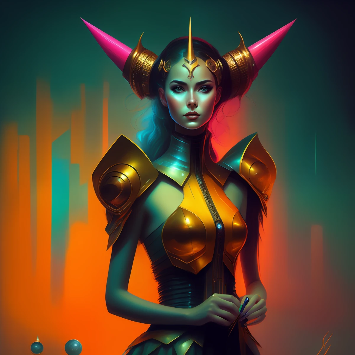 A closeup of a woman in costume with horns on her head, Retrato de uma rainha ciborgue, style hybrid mix of beeple, mulher futurista da moda, retrato futurista da mulher, Retrato de uma mulher sci - fi, Beeple e Jeremias Ketner, Retrato de um androide feminino, retrato bonito sci - fi girl, Artgerm Julie Bell Beeple