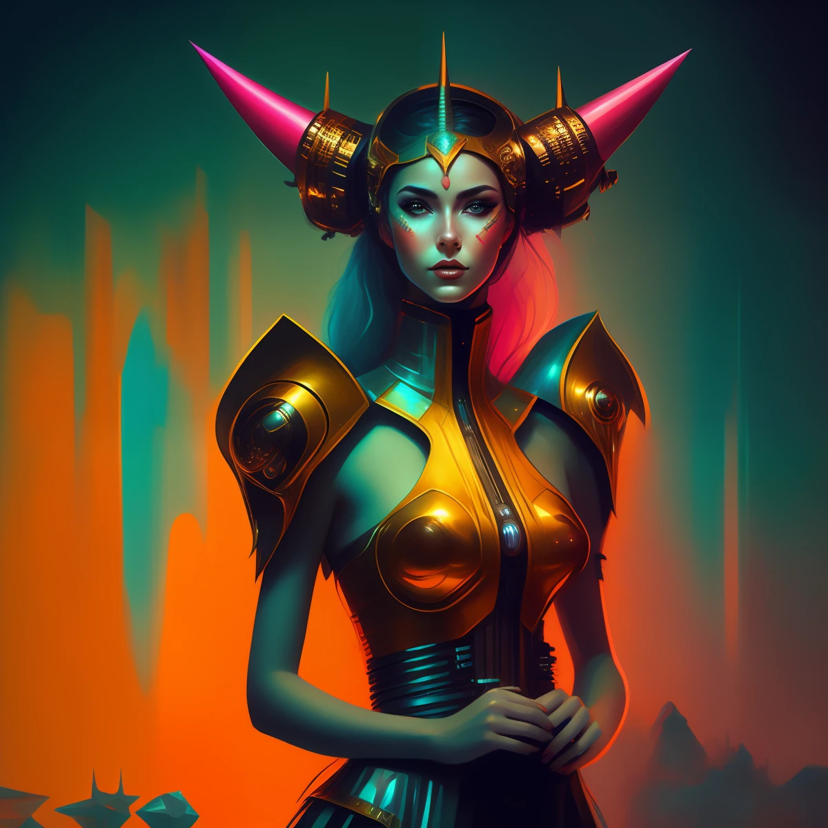 A closeup of a woman in costume with horns on her head, Retrato de uma rainha ciborgue, style hybrid mix of beeple, mulher futurista da moda, retrato futurista da mulher, Retrato de uma mulher sci - fi, Beeple e Jeremias Ketner, Retrato de um androide feminino, retrato bonito sci - fi girl, Artgerm Julie Bell Beeple