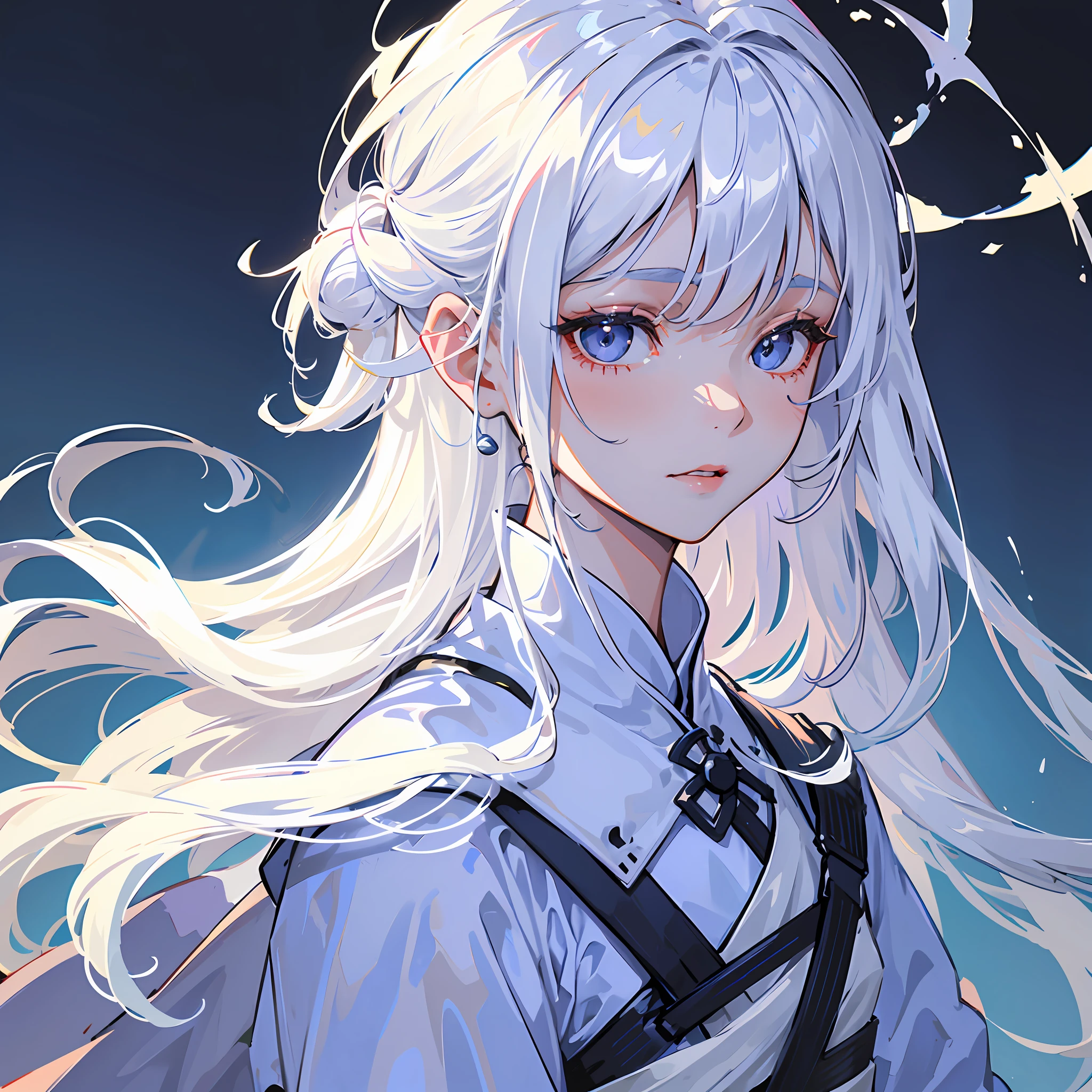 A man with white hair, wearing white outfit, white-haired god, with long white hair, White Hanfu, Beautiful character painting, long white hair, flowing white robe, white haired Cangcang, Flowing white hair, flowing hair and long robes, detailed white long hair,A boy in Hanfu,Wearing translucent tulle,Ice storms,Melancholy eyes,Melancholy eyes,(Melancholy Look:1.6)