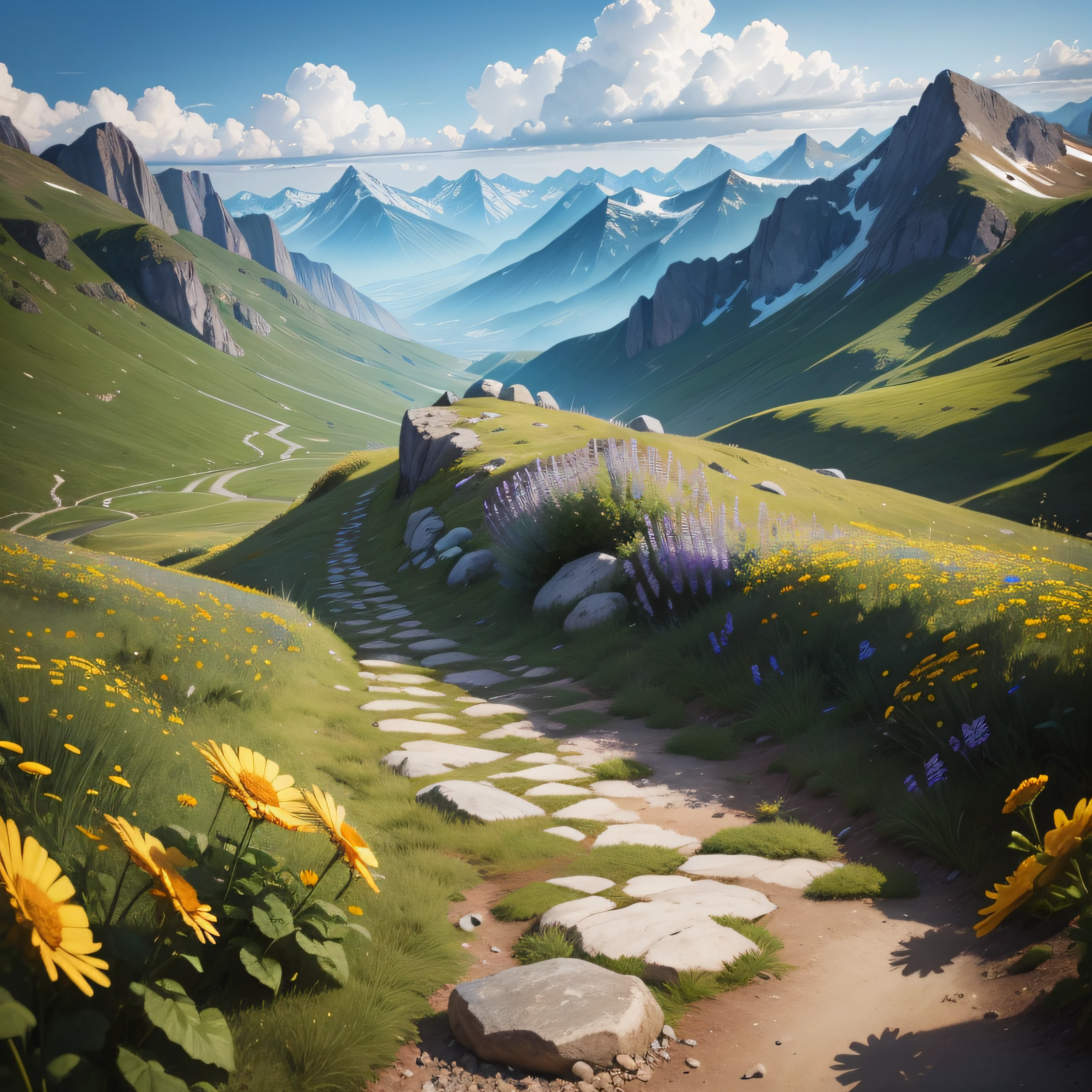 Wild flowers and bees in the mountains, natural stones