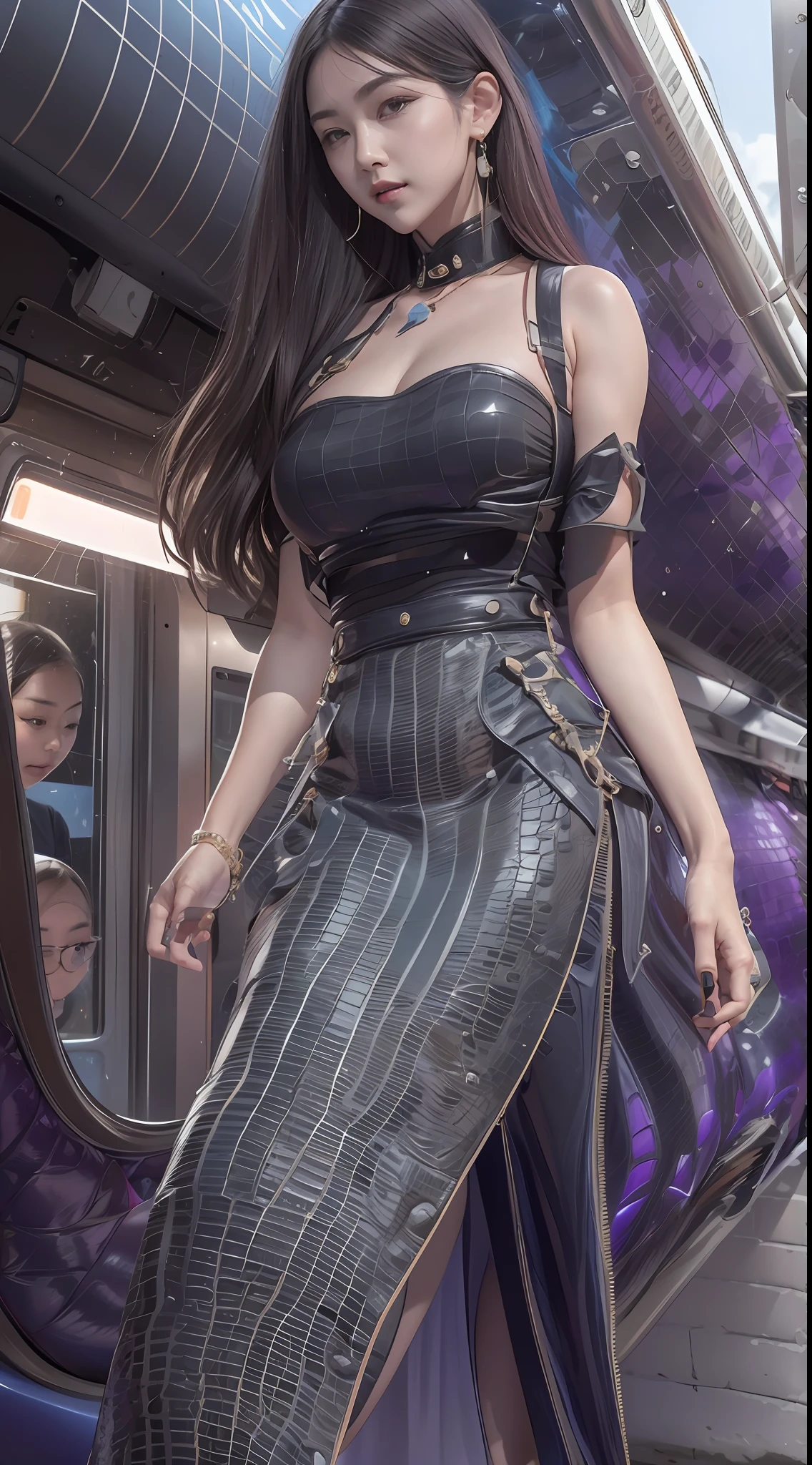 （tmasterpiece，k hd，hyper HD，16k）brunette color hair，15 year old girl，Multi-layer gauze skirt，Emphasis on thin waist，blusher，Soft lips，Glossy lips，Bust photo，Soft hair like slippery silk，Sparkling，Almost reluctant to look away，She wears a suspender cheongsam！Imagine that，She just wore a suspender cheongsam to shop in the bustling Sanlitun，One can't help but want to take a closer look。Take a closer look, desi，Her belly pocket is quite stylish，The skirt flutters in the wind，It's like adding a touch of energy to the whole street，Crocodile skin train，A sneak peek angle，（From the angle below），Sit in the seat of the train python，sitting in front，Zoom camera，head portrait，Head down and sleepy-eyed，Look at the ground， best qualtiy， hyper HD， （realisticlying：1.4），， A high resolution， the detail， RAW photogr， Sharp Re， Nikon D850 Film Stock Photo by Jefferies Lee 4 Kodak Portra 400 Camera F1.6 shots, Rich colors, ultra-realistic vivid textures, Dramatic lighting, Unreal Engine Art Station Trend, cinestir 800，