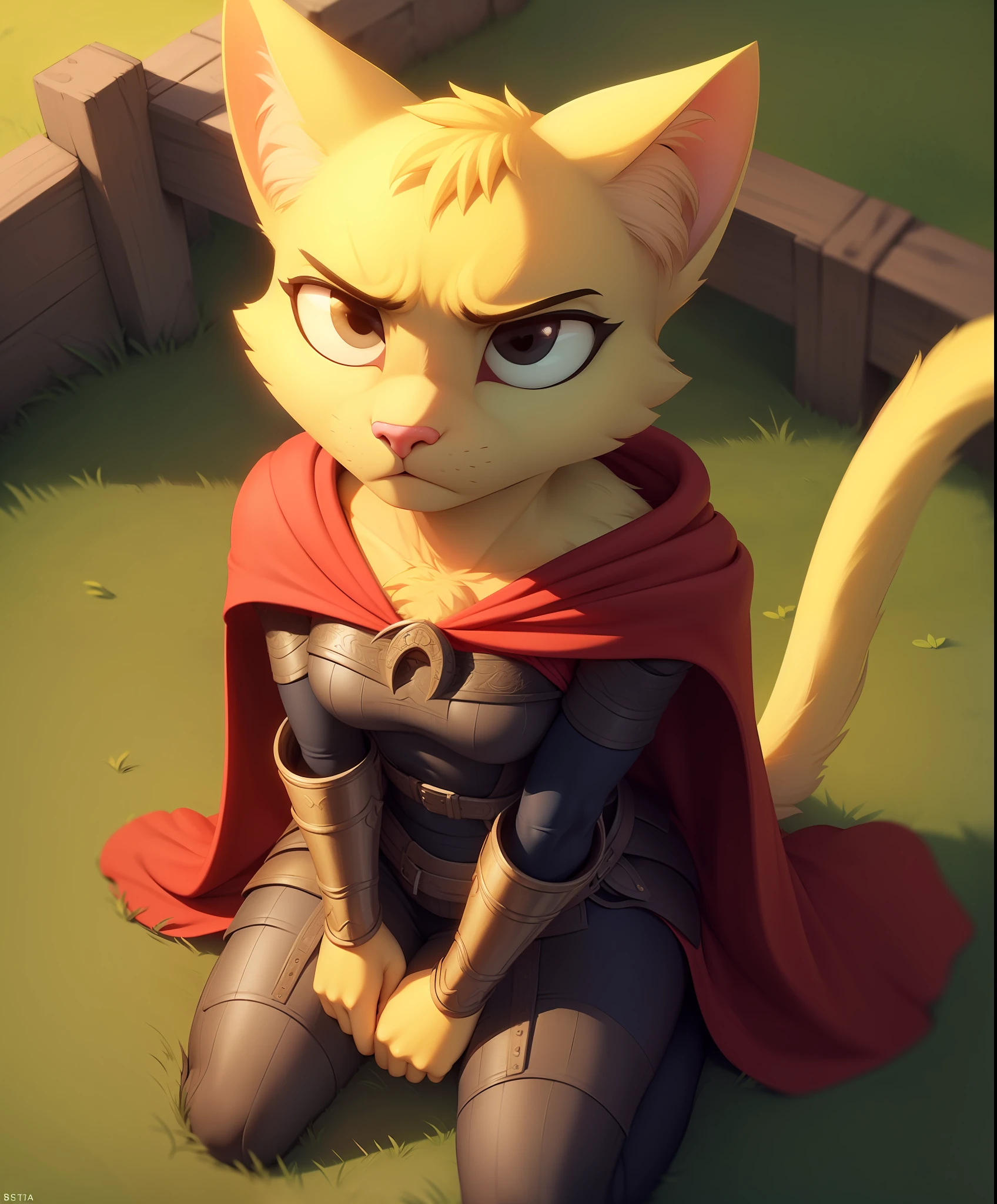 katia, cat girl, furry anthro, solo, (furry body:1.1), (best quality), (kneeling, first person view, high angle view:1.2), looking at viewer, (grumpy, frown, embarrassed, pouting, angry:1.2), outdoors skyrim background, (long yellow tail), (brown cape, brown hood), octane render, romantic lighting, (detailed fluffy fur),