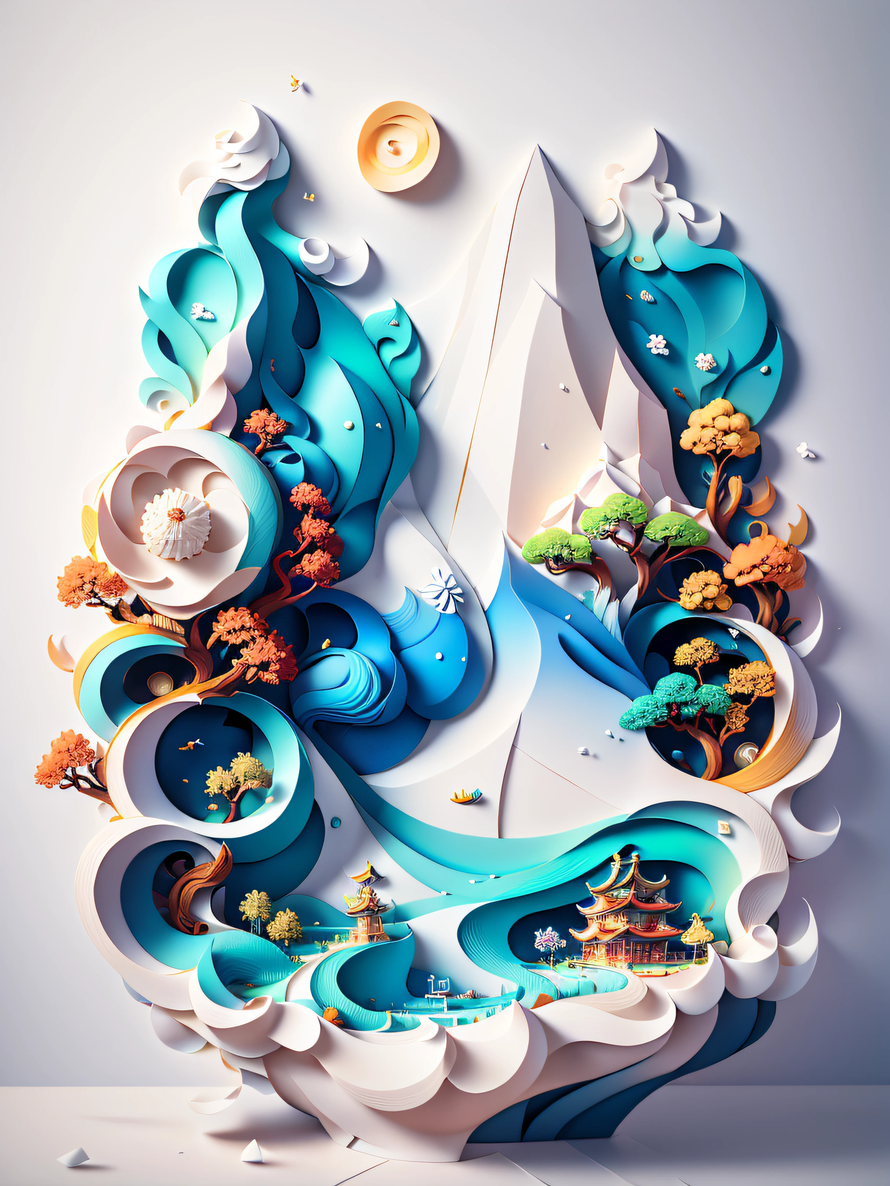 Chinese traditional landscape painting，Cupcakes，Sweet and tasty cake，Paper creation，3D立体渲染，The color gradient varies from white to light blue，4K分辨率，Simple and natural composition，:White background,Fresh and unearthly style。(:Nature:)