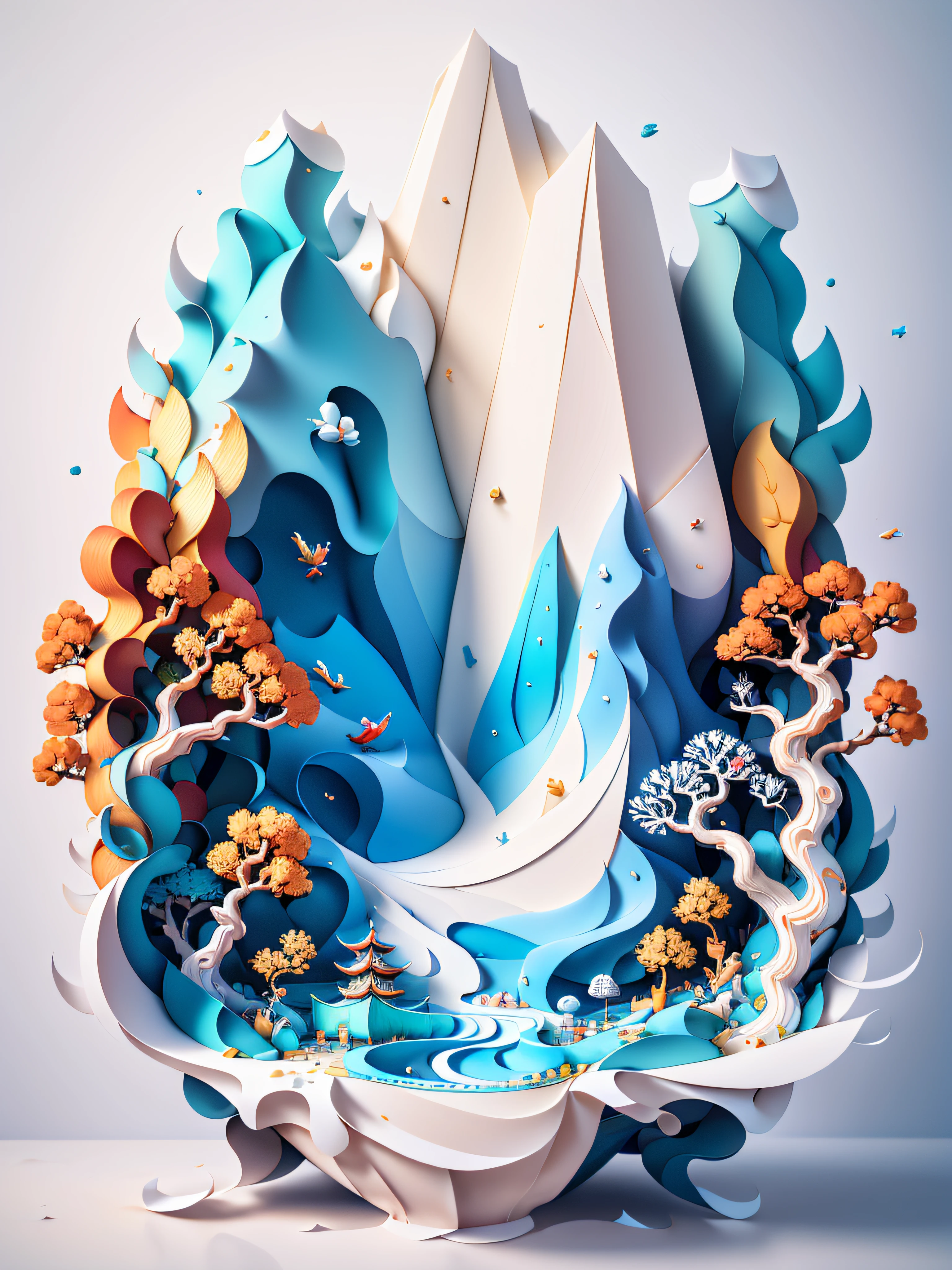 Chinese traditional landscape painting,Cupcakes,Sweet and tasty cake,Paper creation,3D立体渲染,The color gradient varies from white to light blue,4K分辨率,Simple and natural composition,:White background,Fresh and unearthly style。(:Nature:)