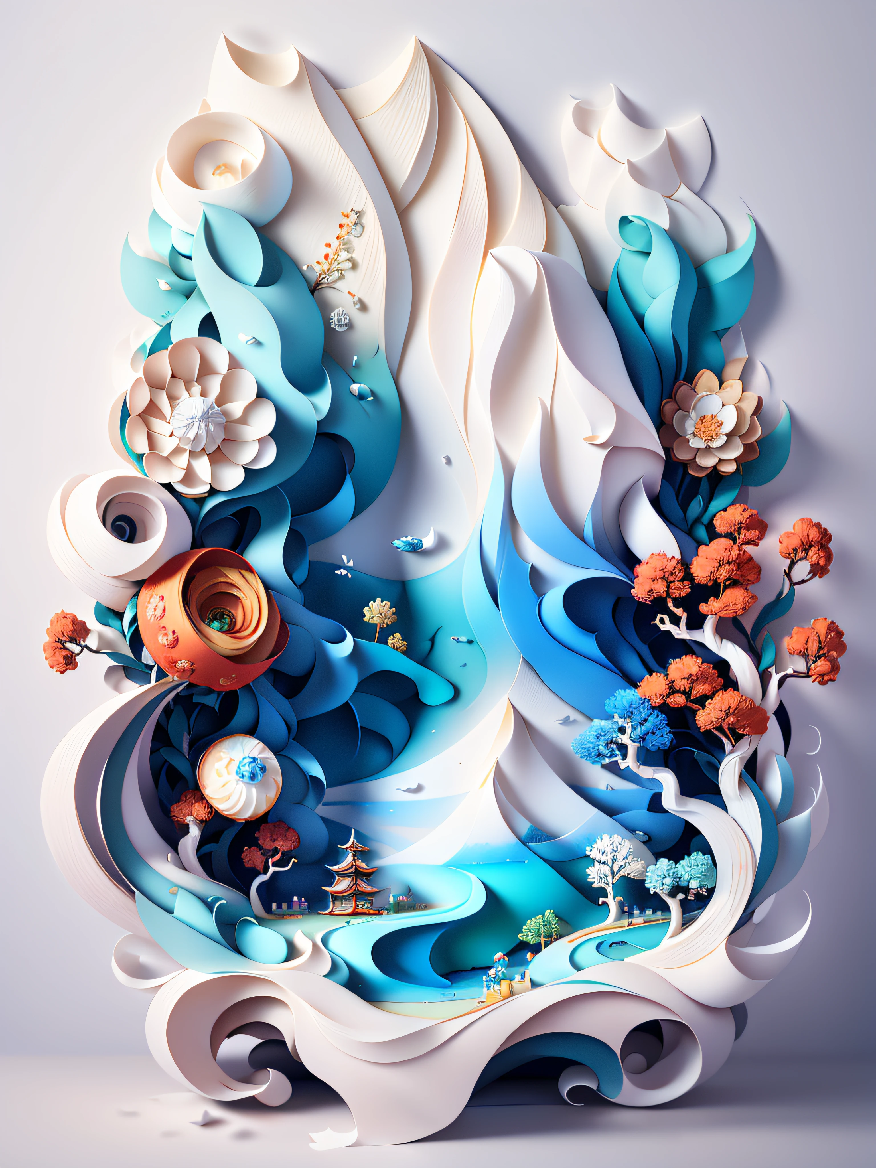Chinese traditional landscape painting,Cupcakes,Sweet and tasty cake,Paper creation,3D立体渲染,The color gradient varies from white to light blue,4K分辨率,Simple and natural composition,:White background,Fresh and unearthly style。(:Nature:)