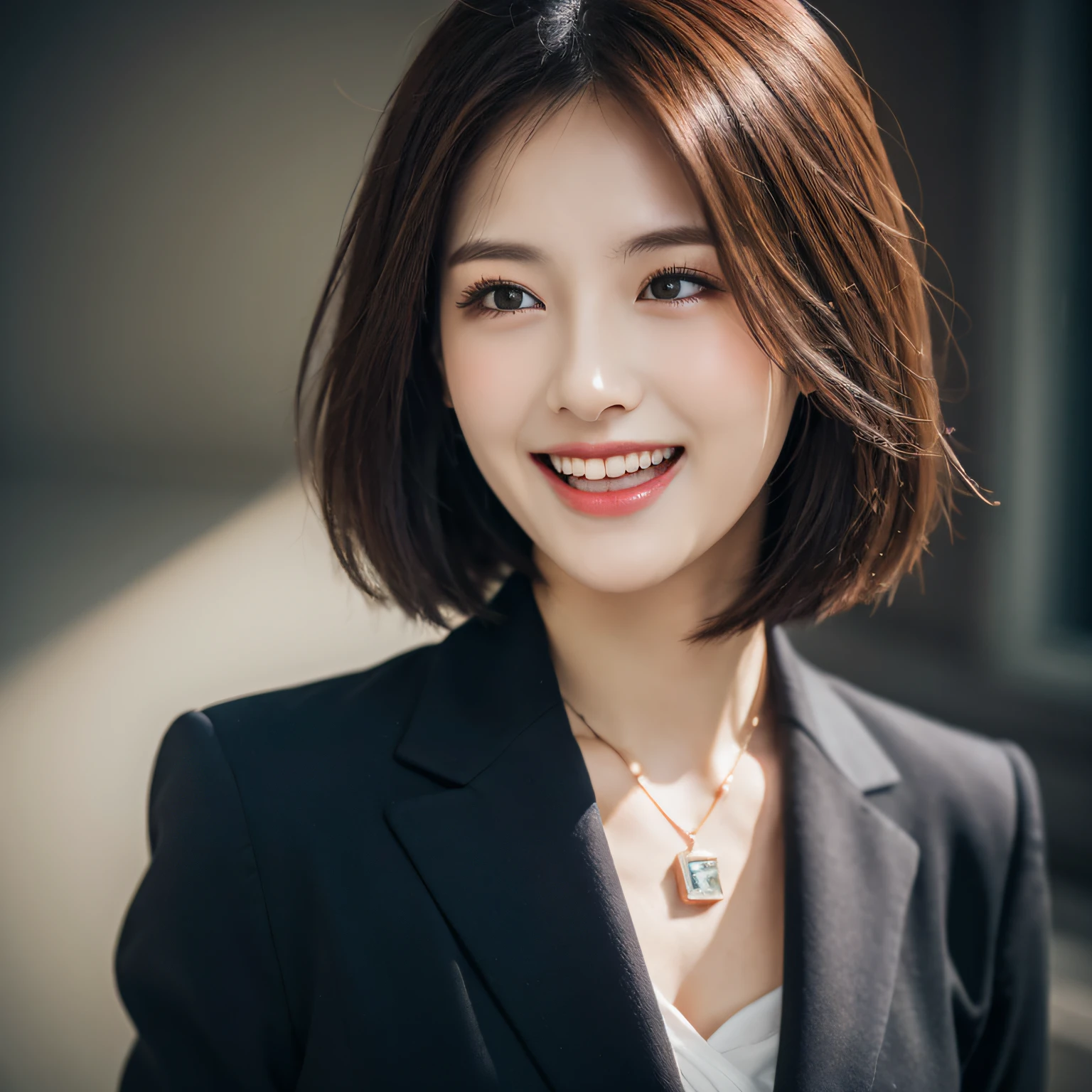 Dressed, (photographrealistic:1.4), (Hyper realistic:1.4), (Realistic:1.3), (Smoother lighting:1.05), (increase cinematic lighting quality:0.9), 32K, 1girl in,25-years old, Realistic lighting, Backlighting, Light on Face, raytrace, (Brightening light:1.2), (Increase quality:1.4), (Top quality real texture skins:1.4), finely detailed eyes, finerly detailed face, (tired and sleepy and joy:0), (Laugh:1.4), Black Suit,a necklace, (Increase body line mood:1.1), (Increase the beauty of skin texture:1.1)