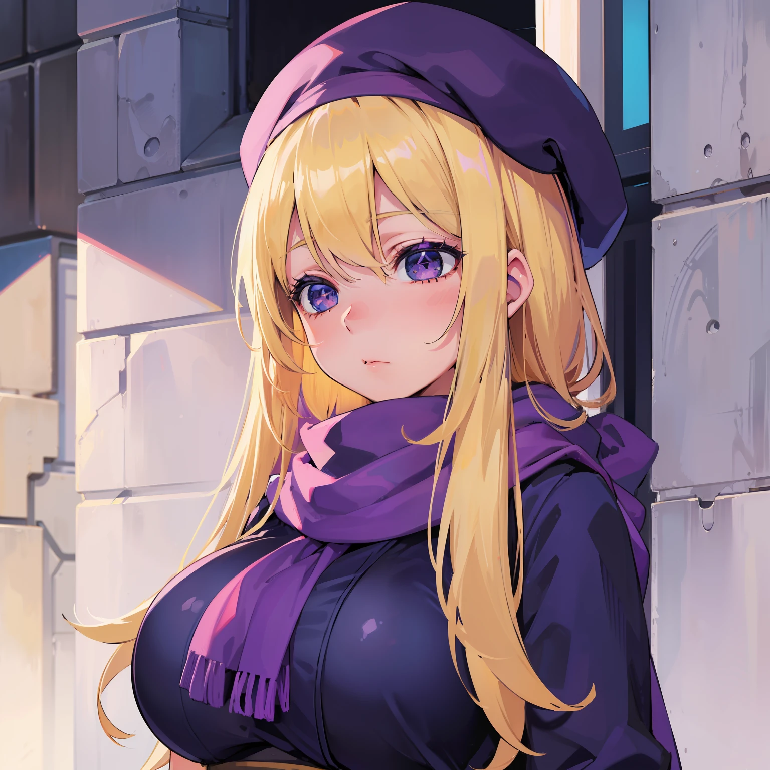 one girl, blonde, blue eyes, semi-closed eyes, big clothed breasts, purple scarf, purple beret