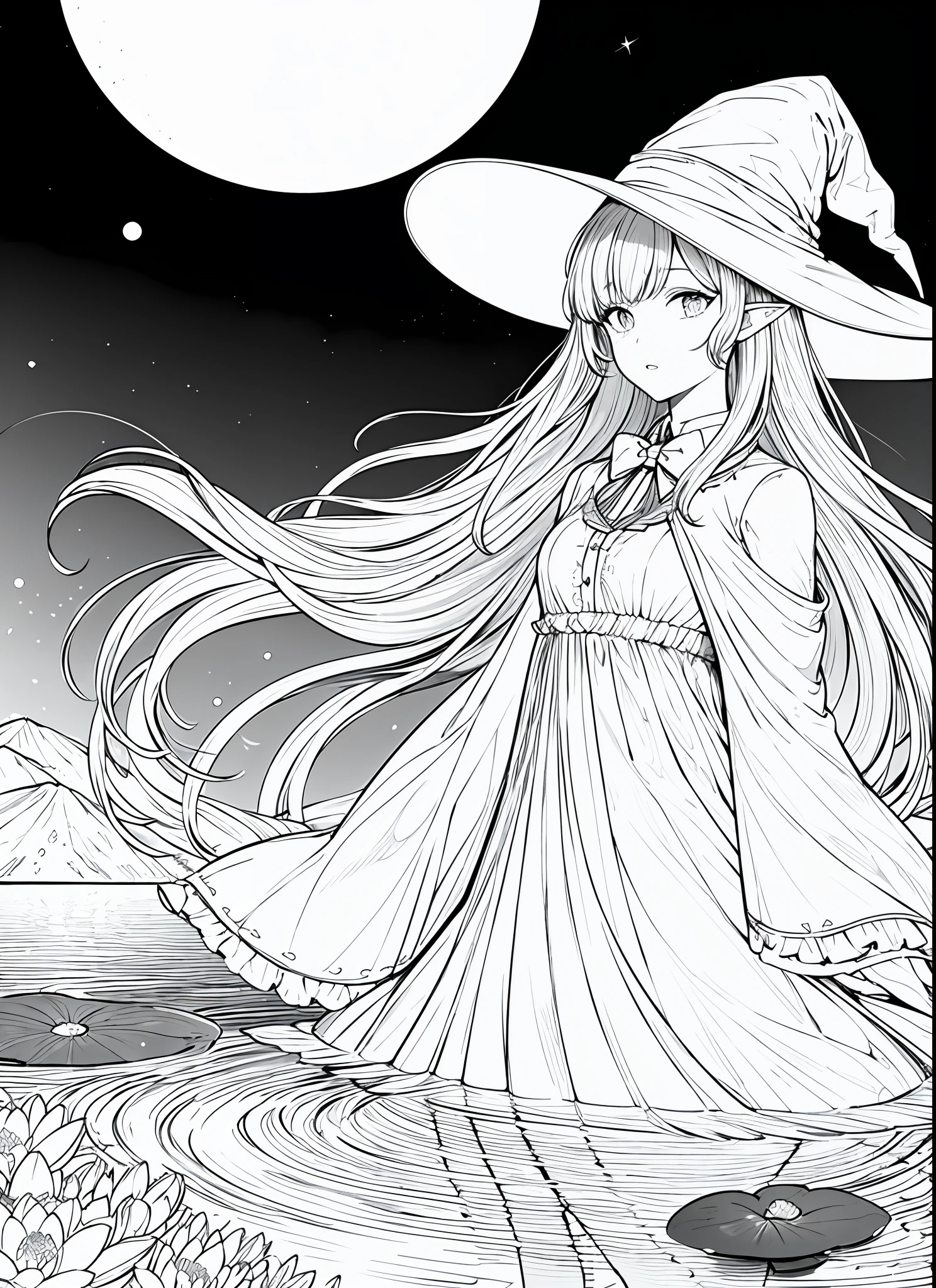 masterpiece, best quality,1girl, adjusting clothes, adjusting headwear, blush, bow, bowtie, breasts, brown eyes, brown hair, cloak, cloud, cloudy sky, crescent moon, dress, fantasy, flower, glowing, glowing flower, hat, light particles, lily pad, long hair, looking at viewer, moon, moonlight, mountain, mountainous horizon, night, outdoors, parted lips, pointy ears, pond, sky, small breasts, star (sky), starry sky, very long hair, wading, water lily flower, wind, witch, witch hat, lineart, monochrome,